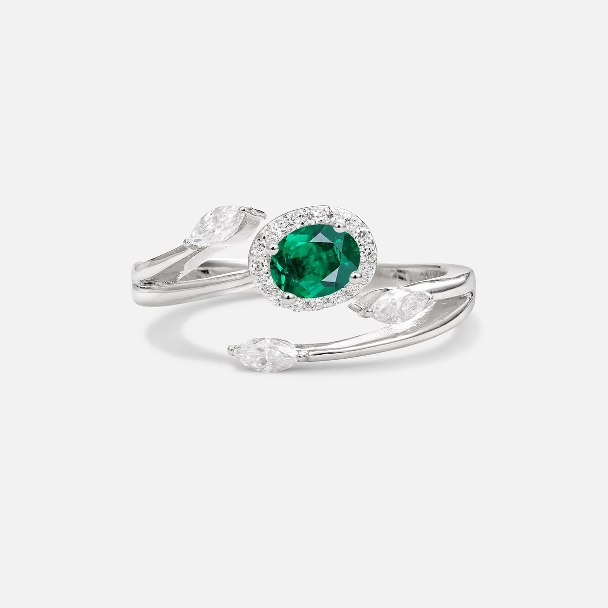 Oval Cut Emerald Engagement Ring with Halo and Marquise Side Stones - Additional view