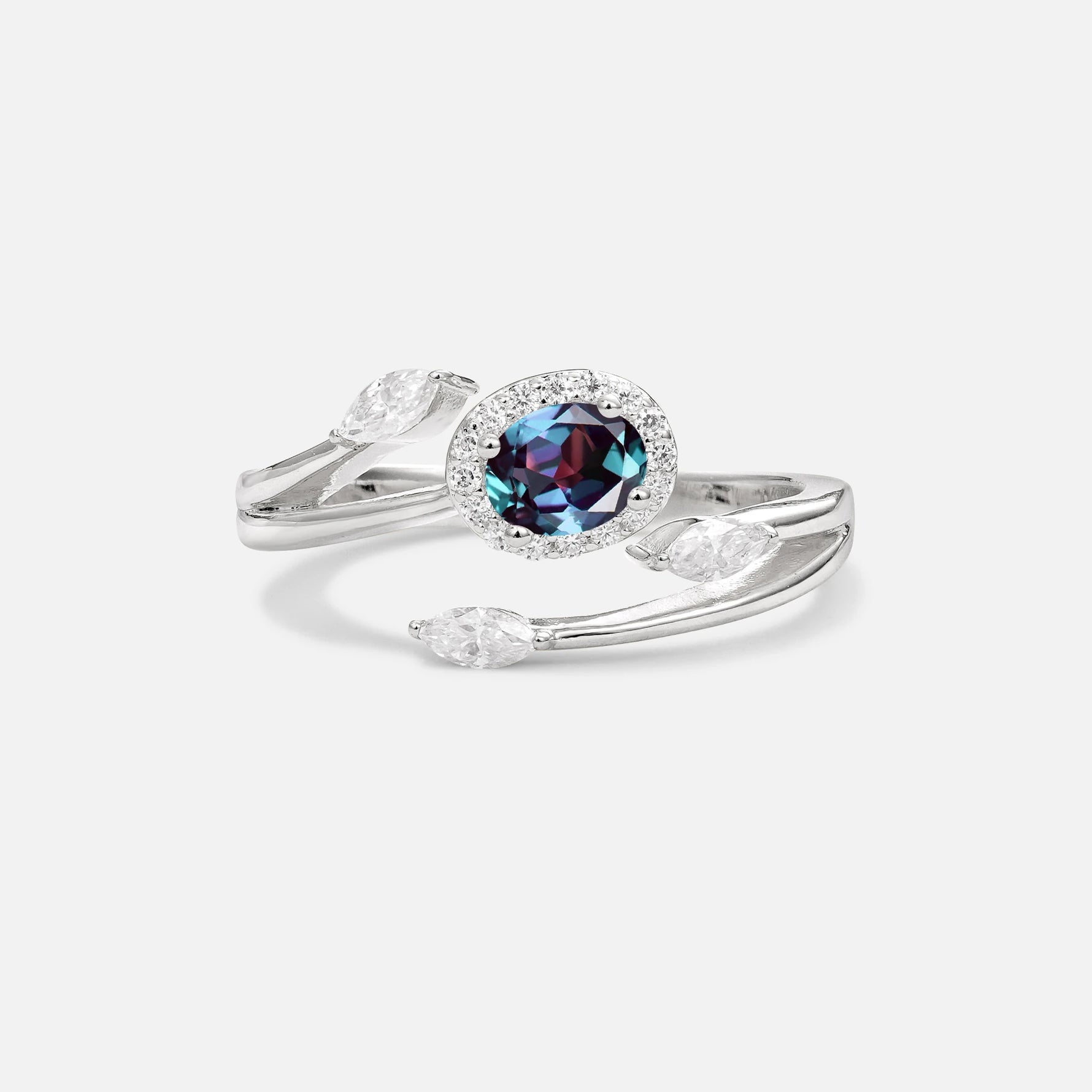 Oval Cut Alexandrite Engagement Ring with Halo and Marquise Side Stones - Additional view