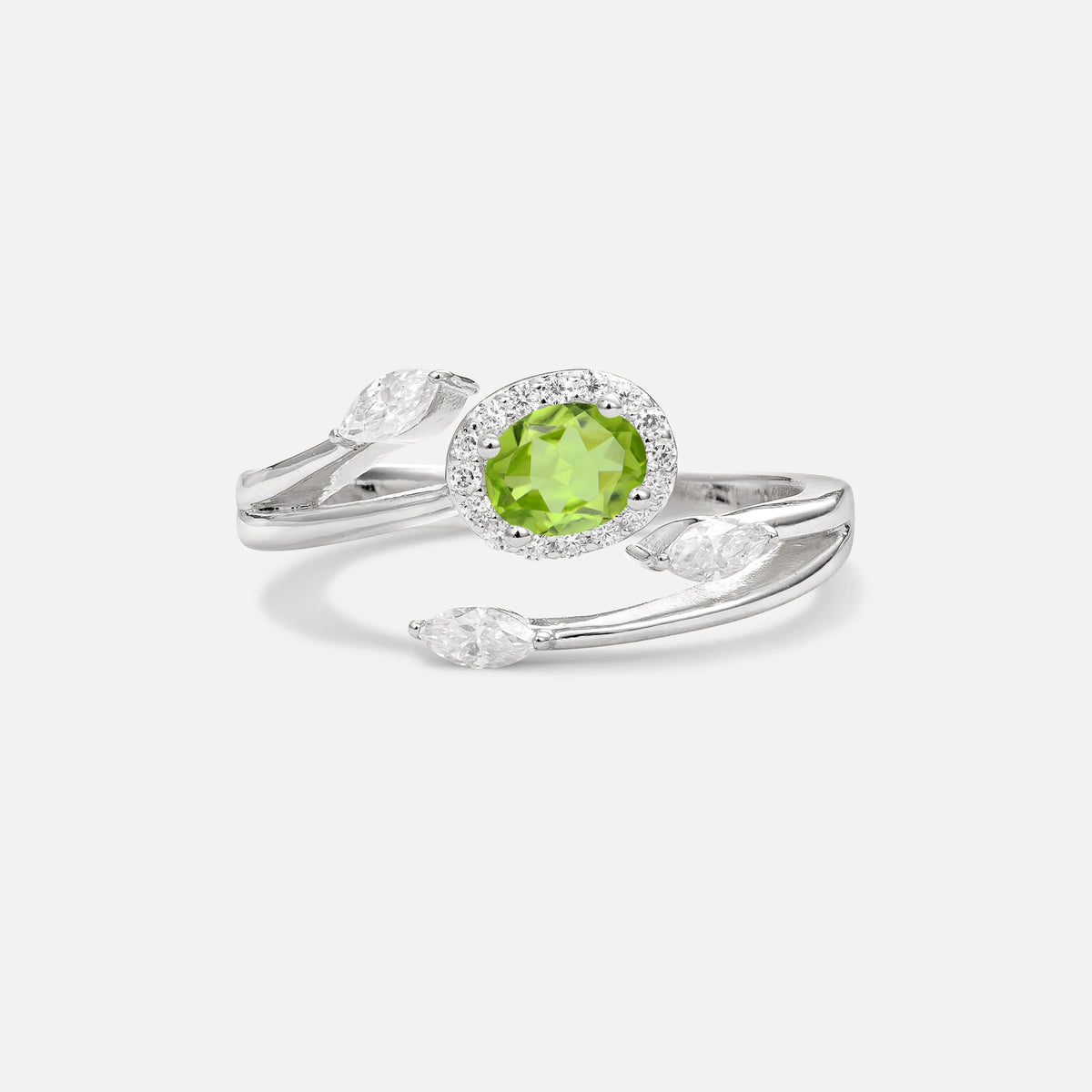 Oval Cut Peridot Engagement Ring with Halo and Marquise Side Stones - Additional view