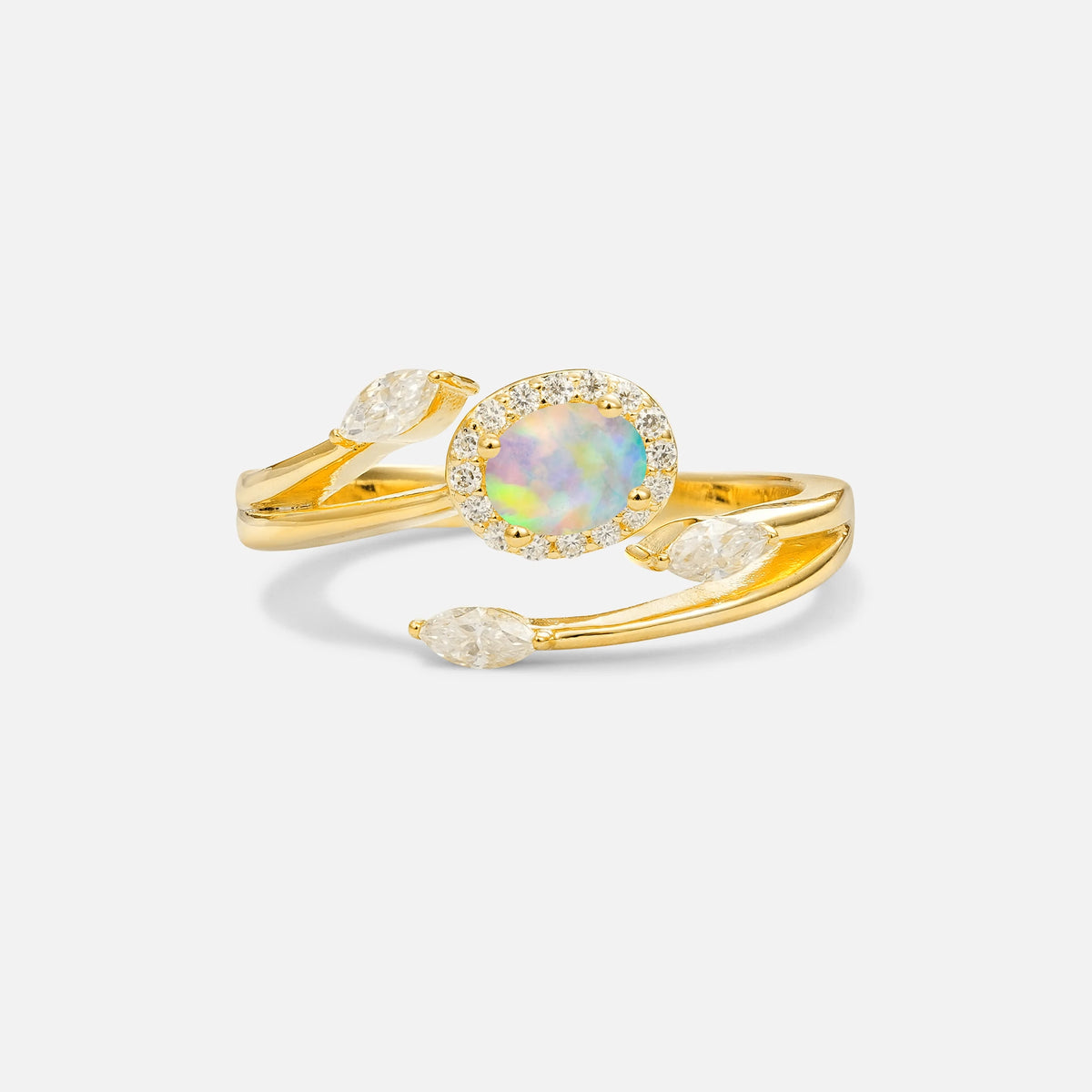 Oval Cut Fire Opal Engagement Ring with Halo and Marquise Side Stones - Additional view