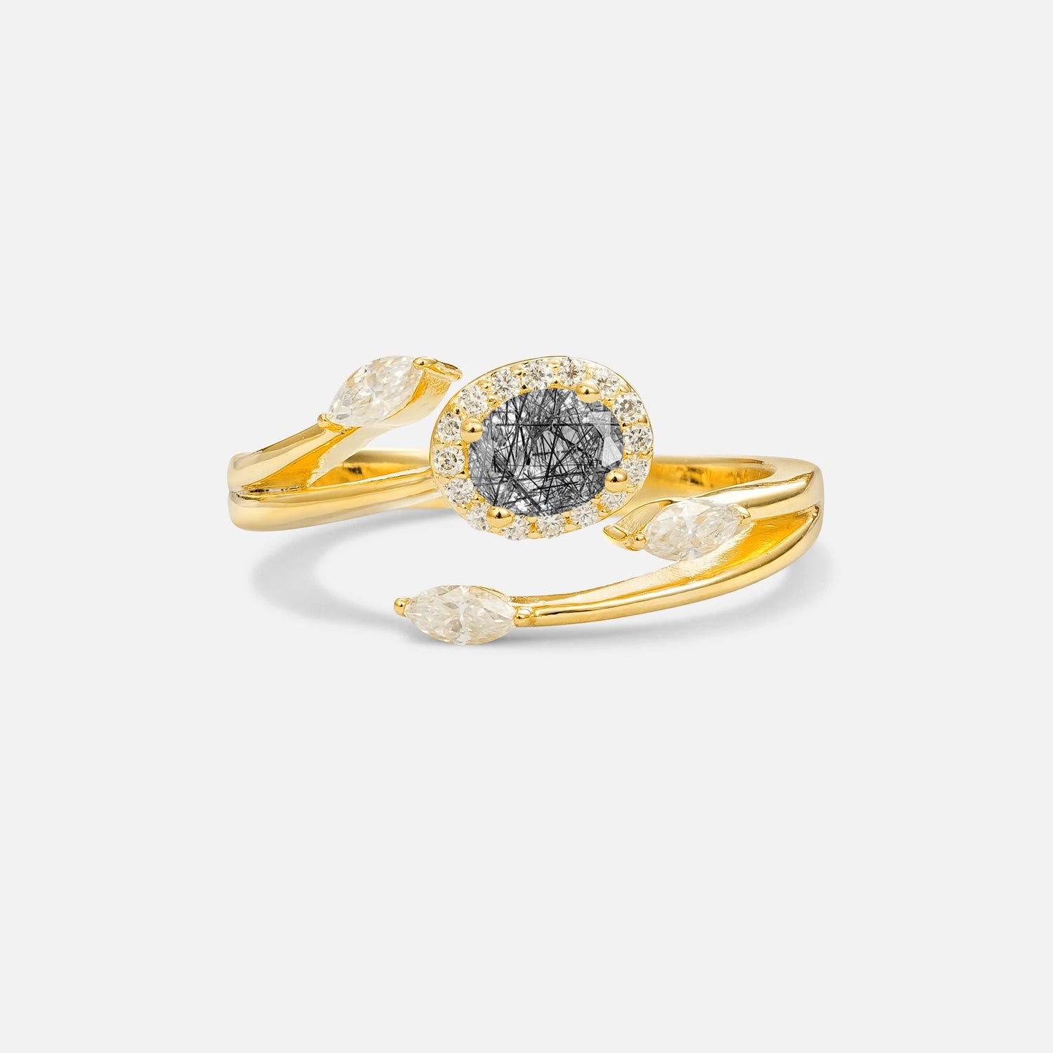 Oval Cut Black Rutilated Quartz Engagement Ring with Halo and Marquise Side Stones - Additional view