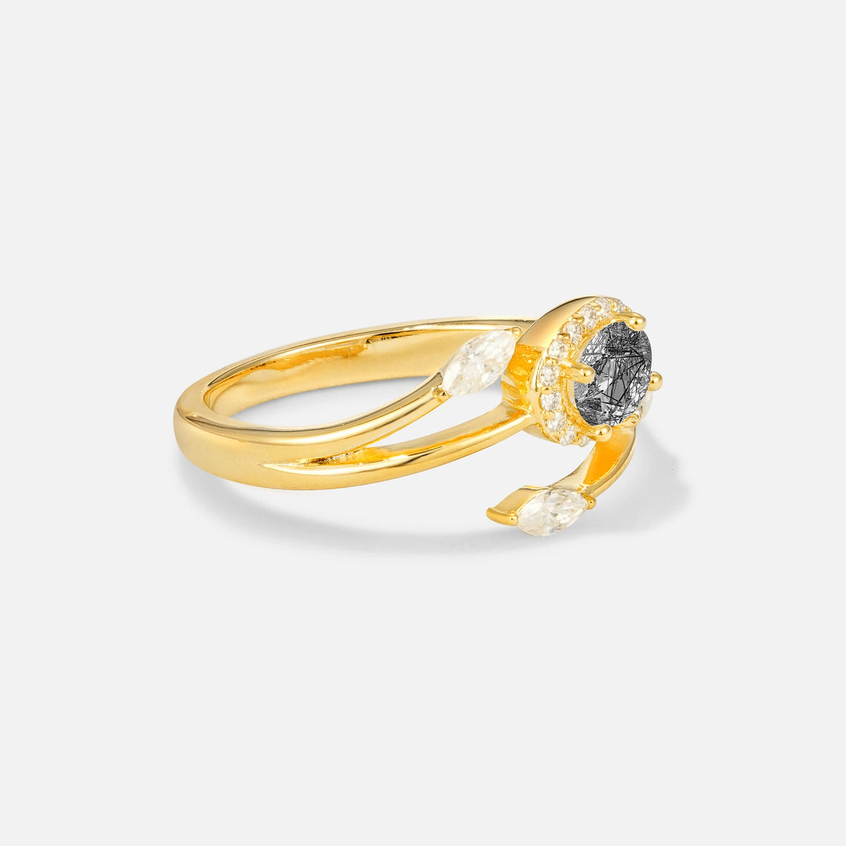 Oval Cut Black Rutilated Quartz Engagement Ring with Halo and Marquise Side Stones - Additional view