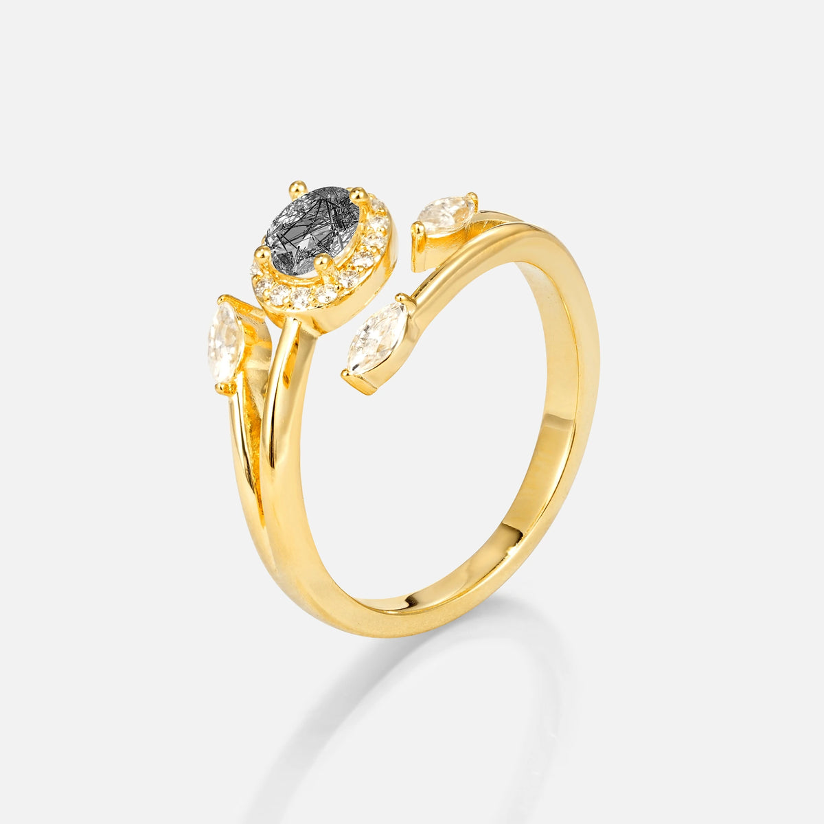 Oval Cut Black Rutilated Quartz Engagement Ring with Halo and Marquise Side Stones - Additional view