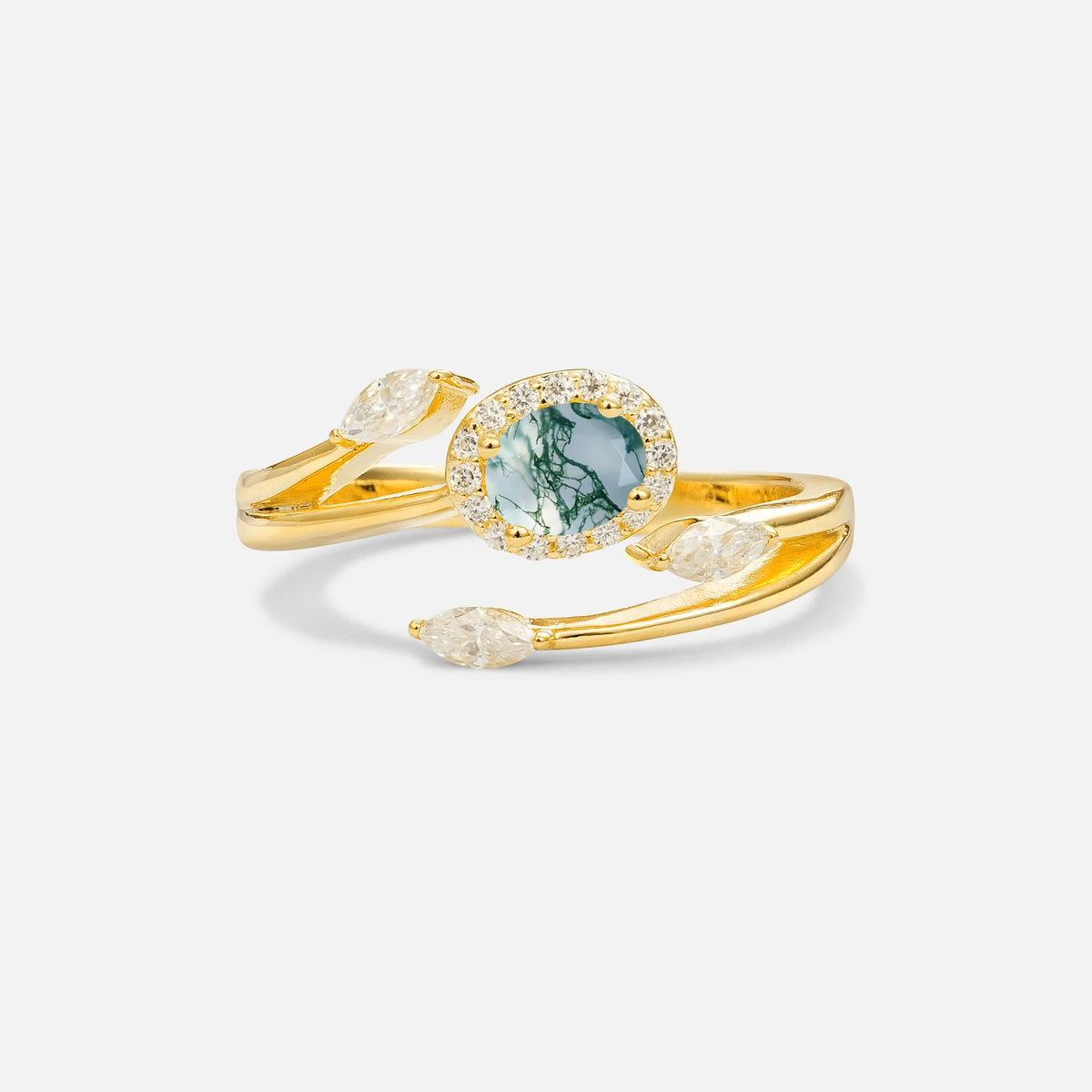 Oval Cut Moss Agate Engagement Ring with Halo and Marquise Side Stones - Additional view