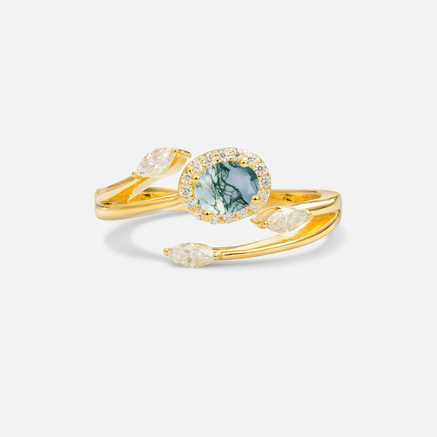 Oval Cut Moss Agate Engagement Ring with Halo and Marquise Side Stones - Additional view