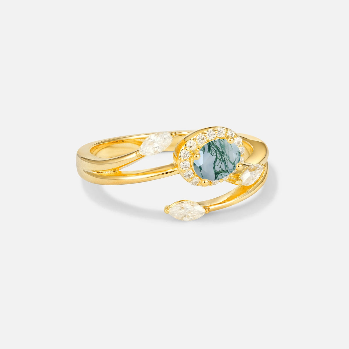 Oval Cut Moss Agate Engagement Ring with Halo and Marquise Side Stones - Additional view