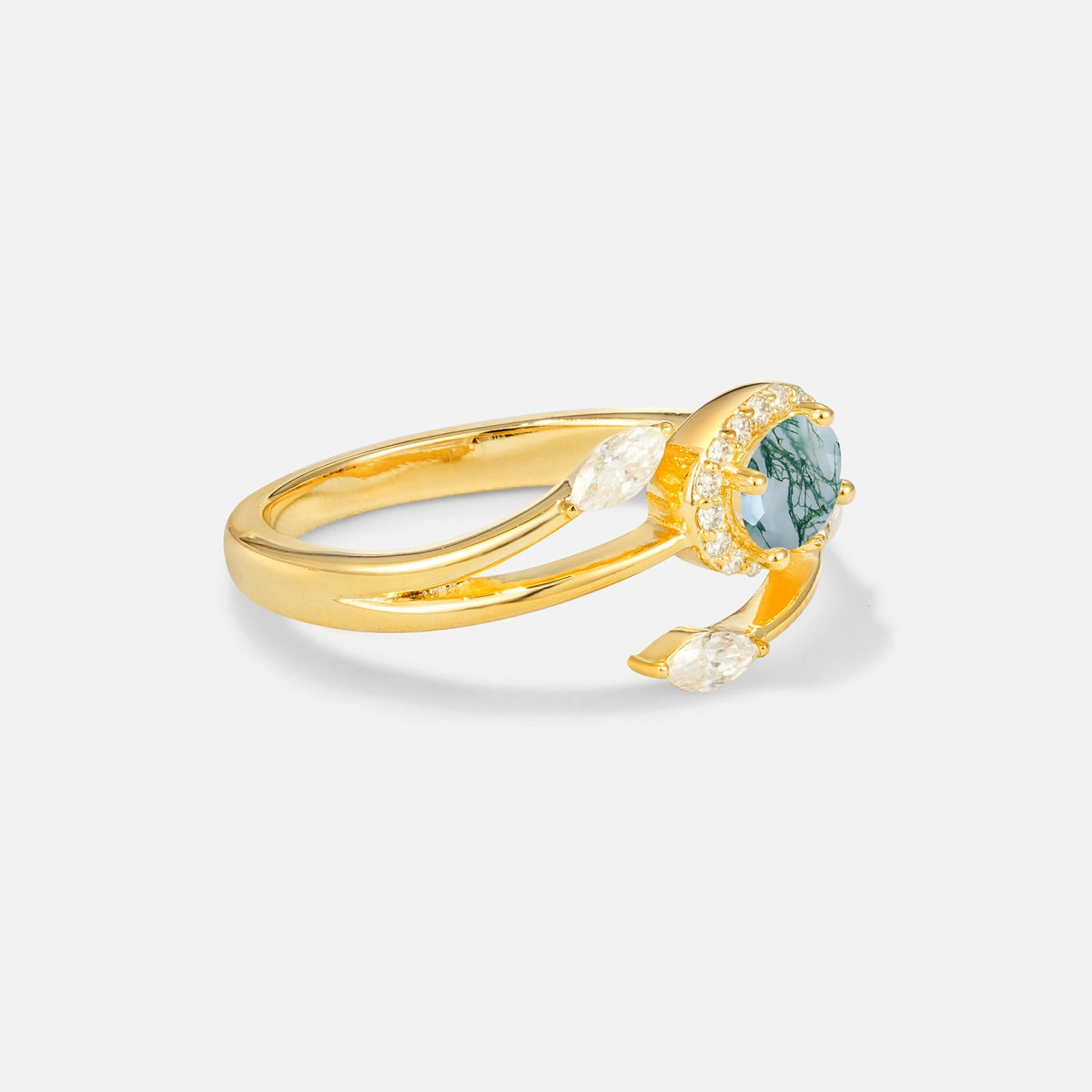 Oval Cut Moss Agate Engagement Ring with Halo and Marquise Side Stones - Additional view