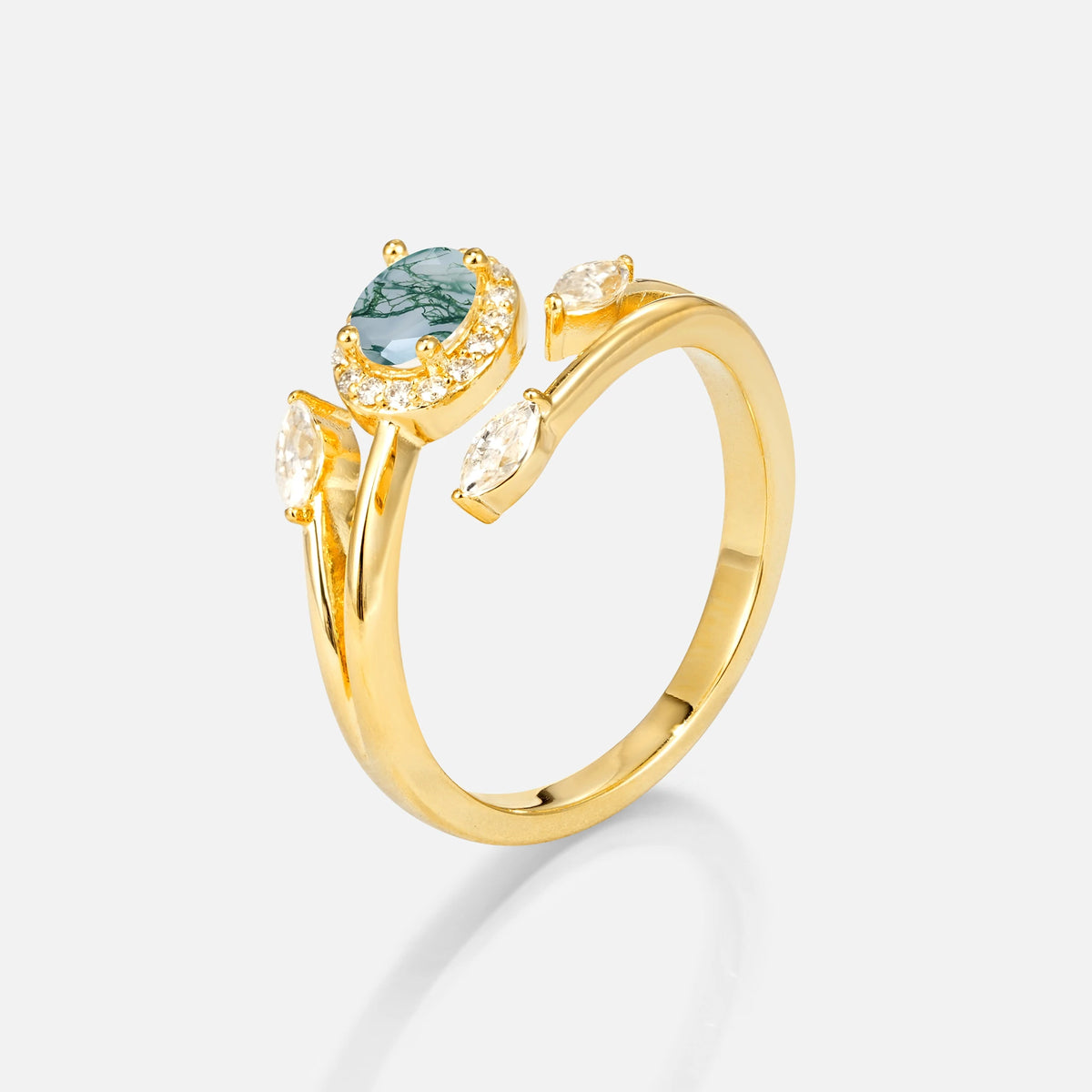 Oval Cut Moss Agate Engagement Ring with Halo and Marquise Side Stones - Additional view