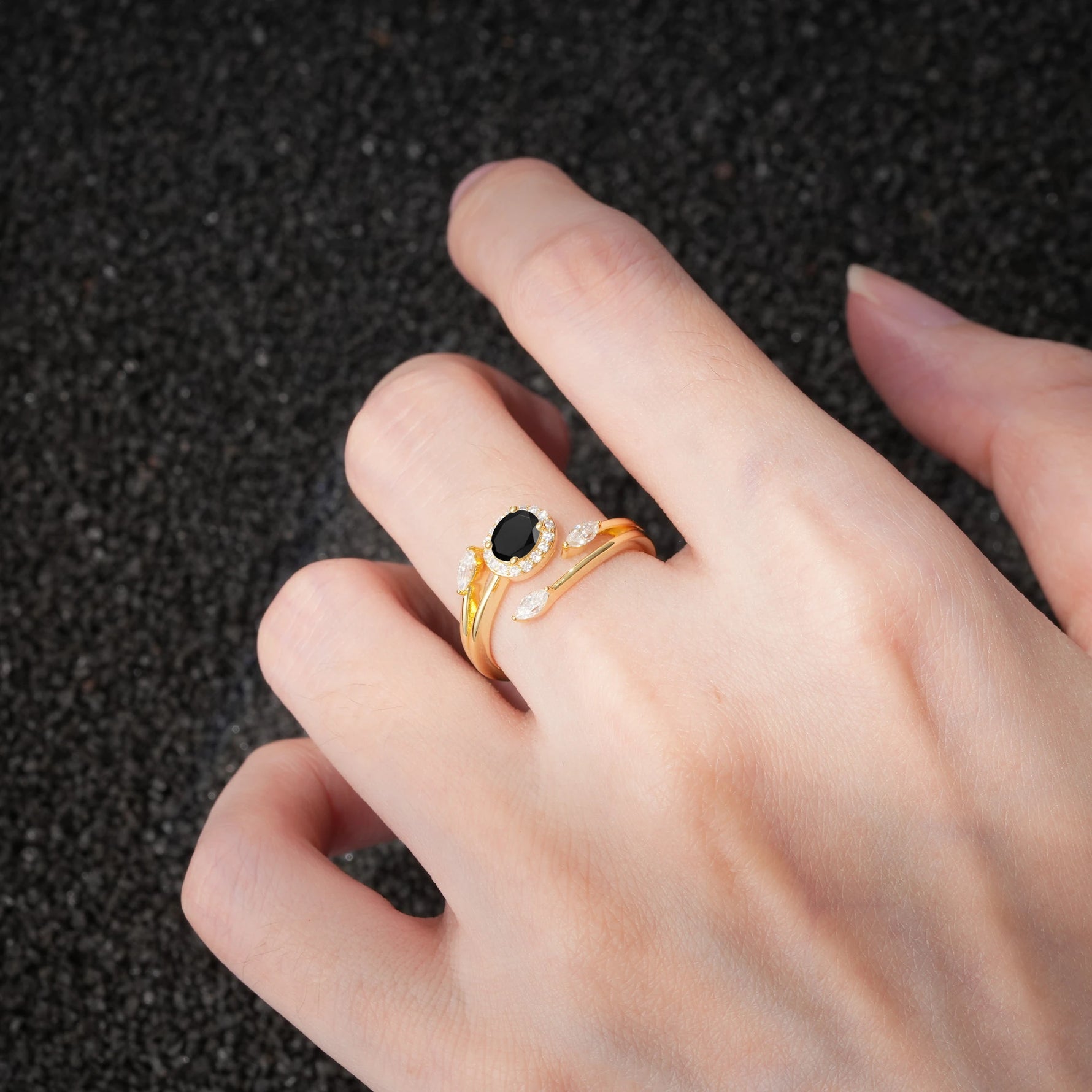 Oval Cut Black Onyx Engagement Ring with Halo and Marquise Side Stones - Additional view