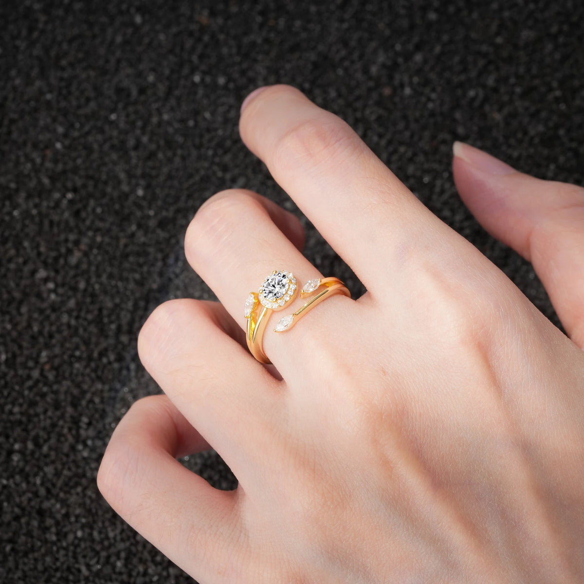Oval Cut Lab Diamond Engagement Ring with Halo and Marquise Side Stones - Additional view