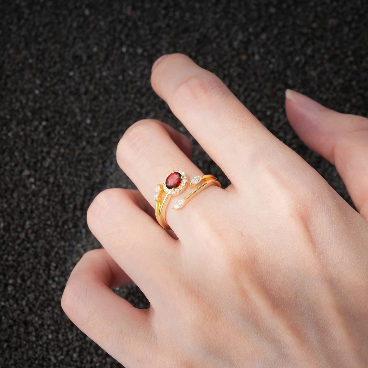 Oval Cut Garnet Engagement Ring with Halo and Marquise Side Stones - Additional view