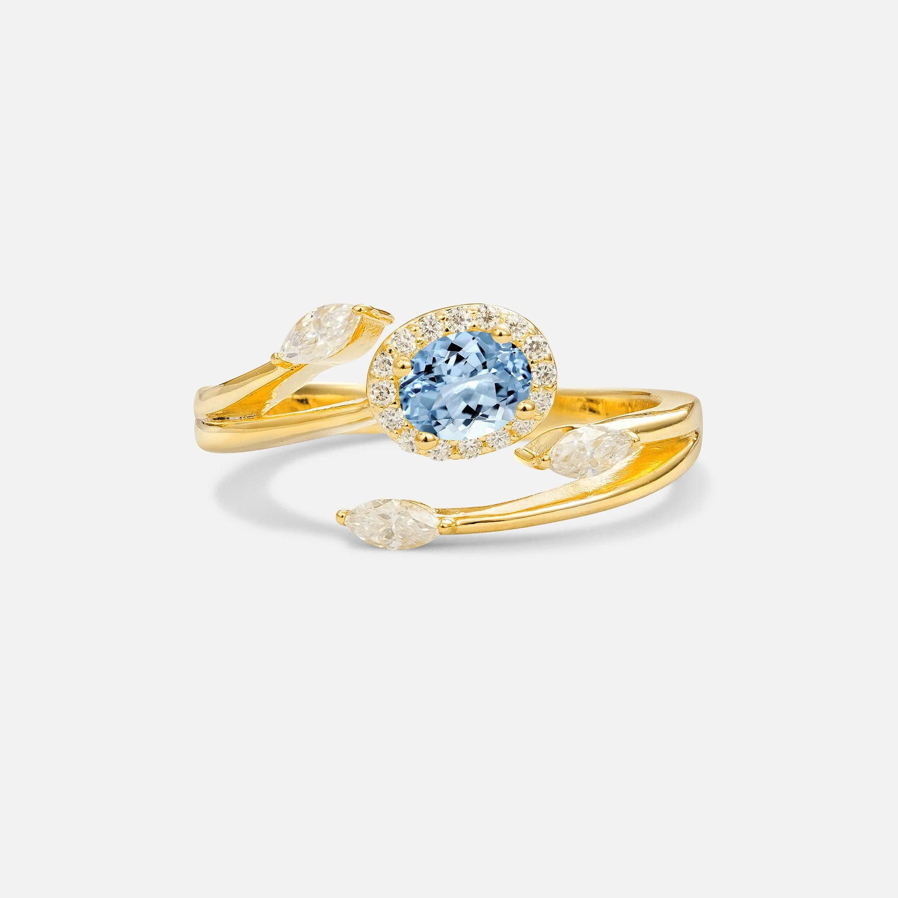 Oval Cut Aquamarine Engagement Ring with Halo and Marquise Side Stones - Additional view