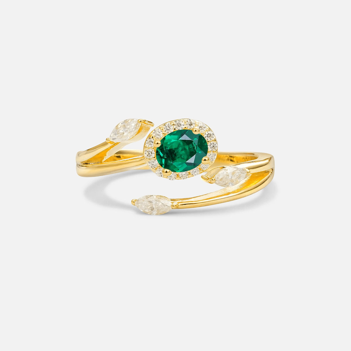 Oval Cut Emerald Engagement Ring with Halo and Marquise Side Stones - Additional view