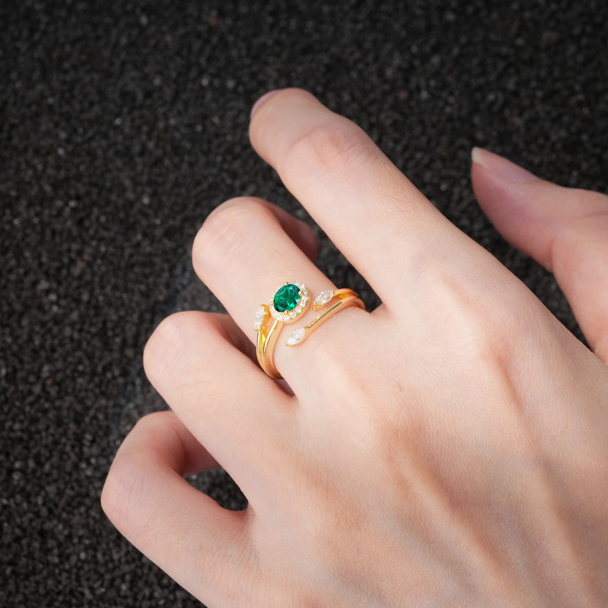 Oval Cut Emerald Engagement Ring with Halo and Marquise Side Stones - Additional view