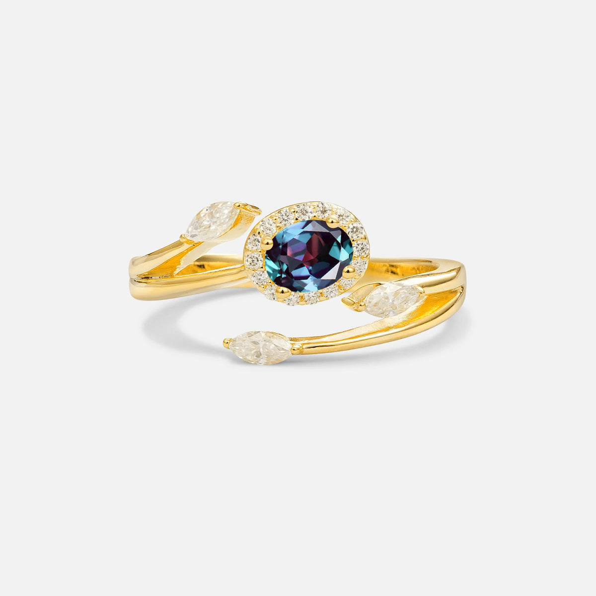 Oval Cut Alexandrite Engagement Ring with Halo and Marquise Side Stones - Additional view
