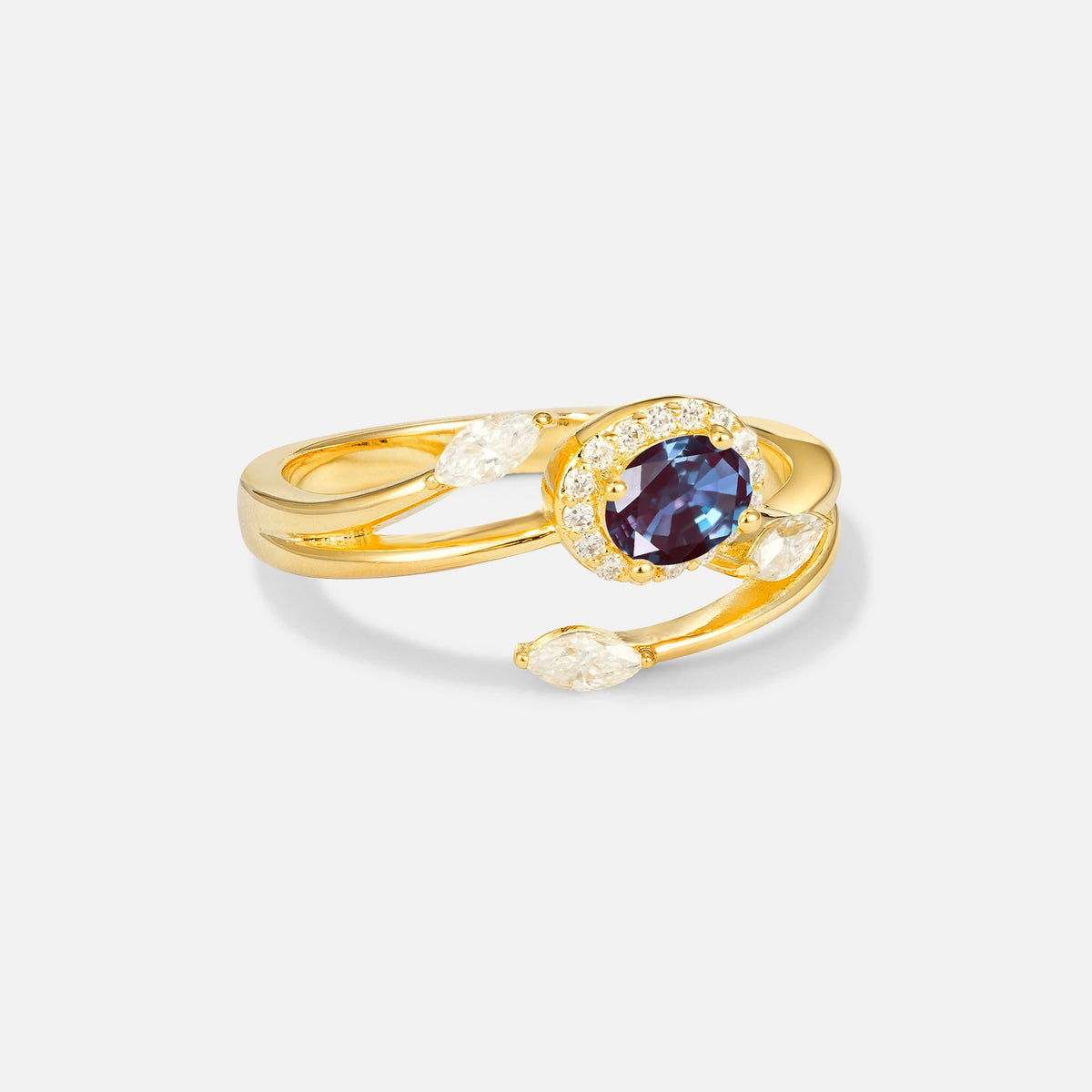 Oval Cut Alexandrite Engagement Ring with Halo and Marquise Side Stones - Additional view