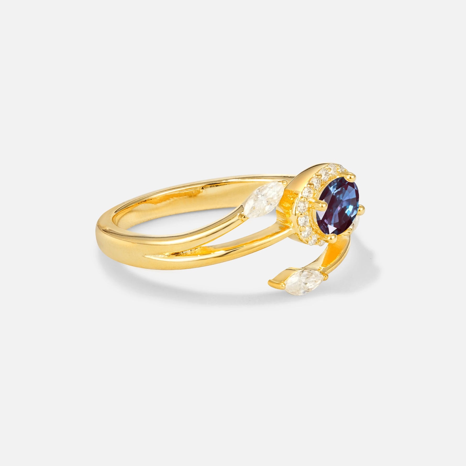 Oval Cut Alexandrite Engagement Ring with Halo and Marquise Side Stones - Additional view