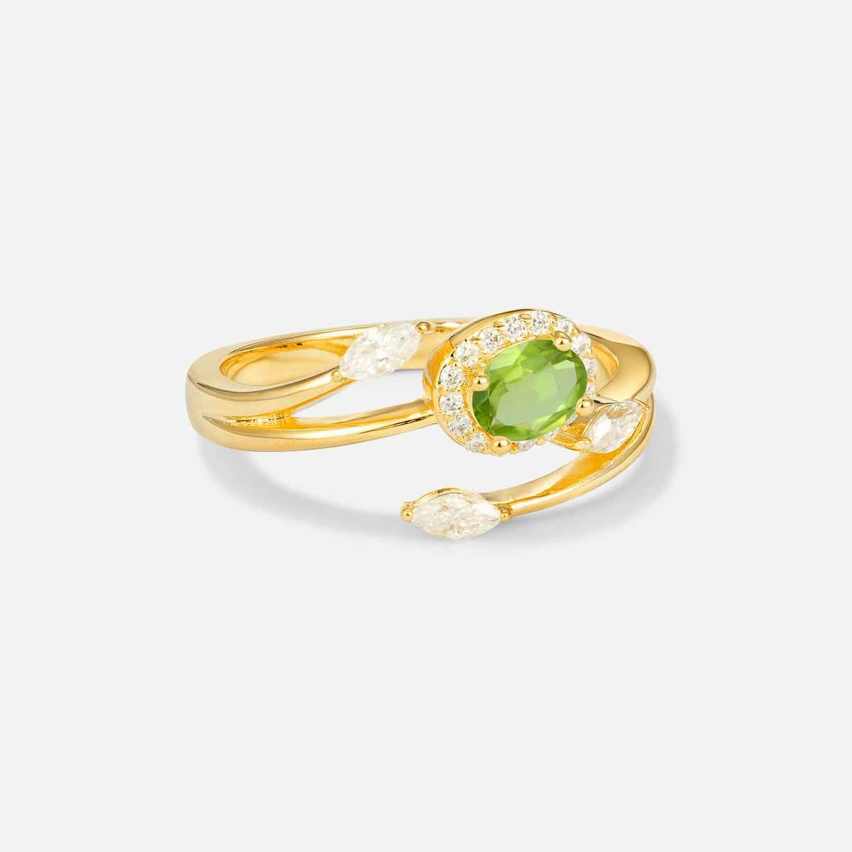 Oval Cut Peridot Engagement Ring with Halo and Marquise Side Stones - Additional view