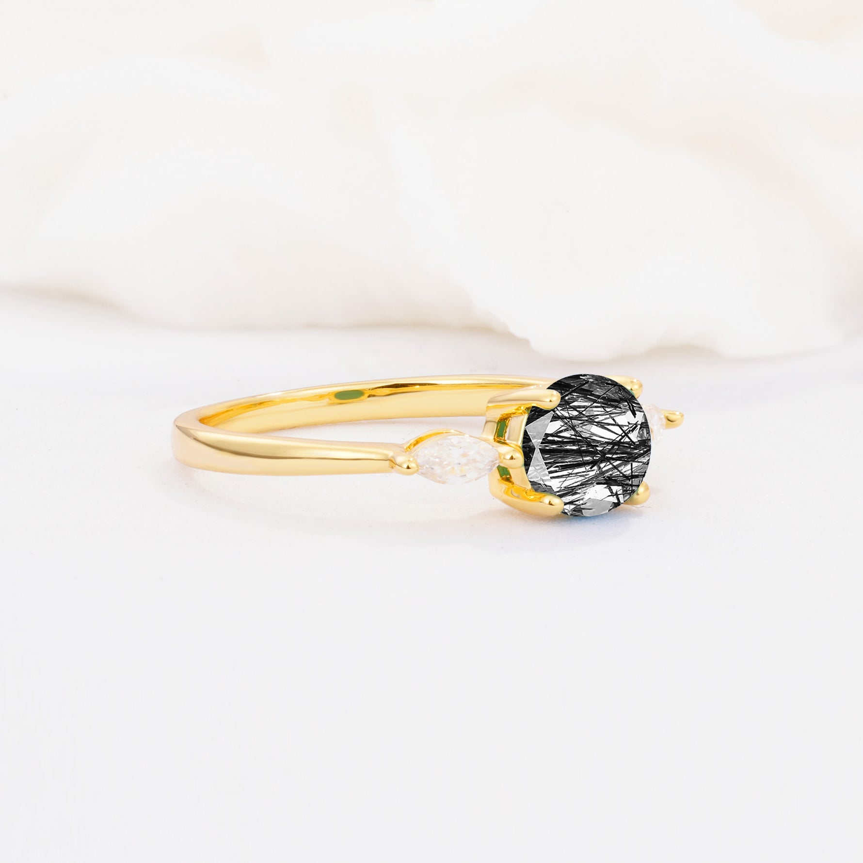 SR10909 Black Rutilated Quartz Ring - White-Gold