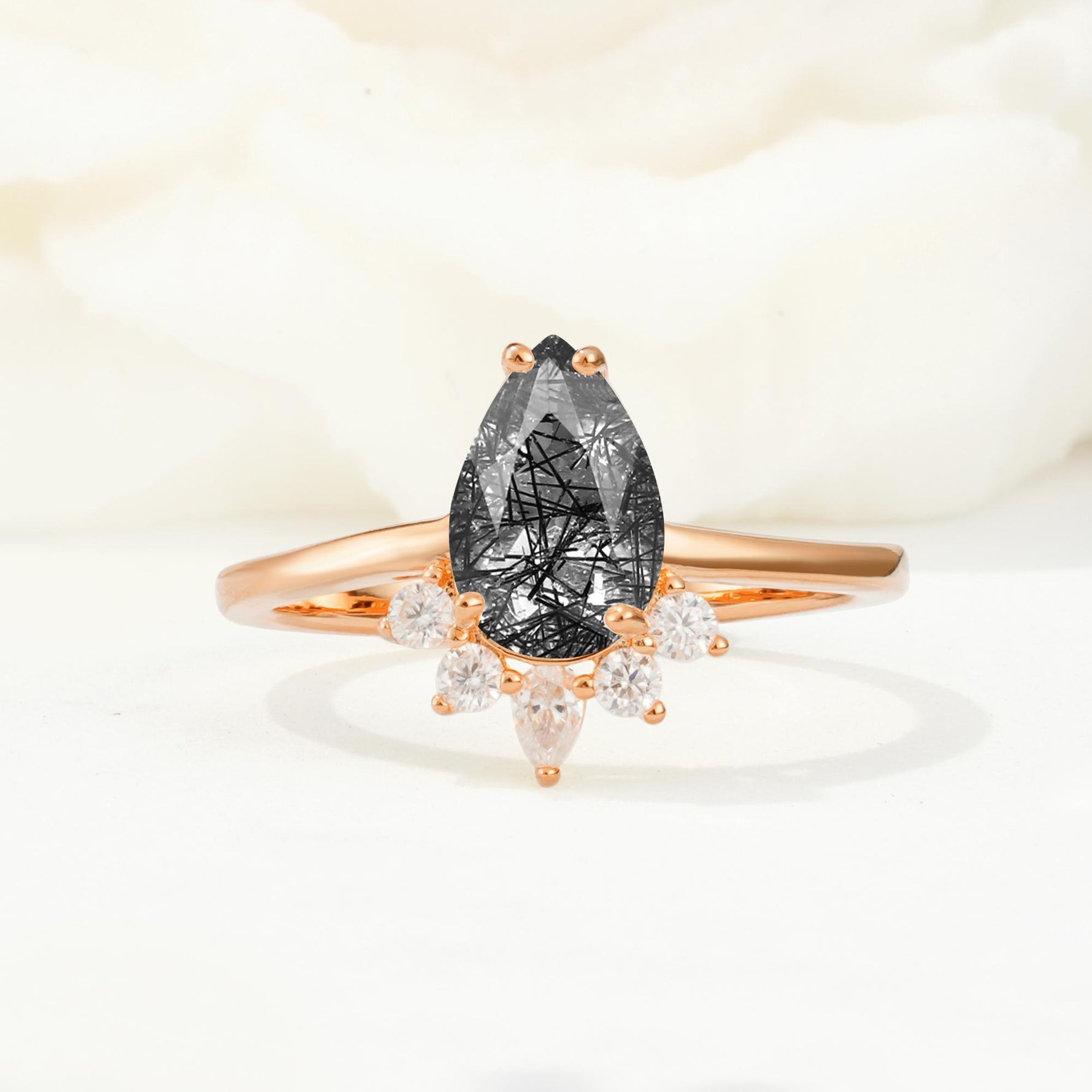 Pear Cut Black Rutilated Quartz Crown Engagement Ring with Accent Stones - Additional view