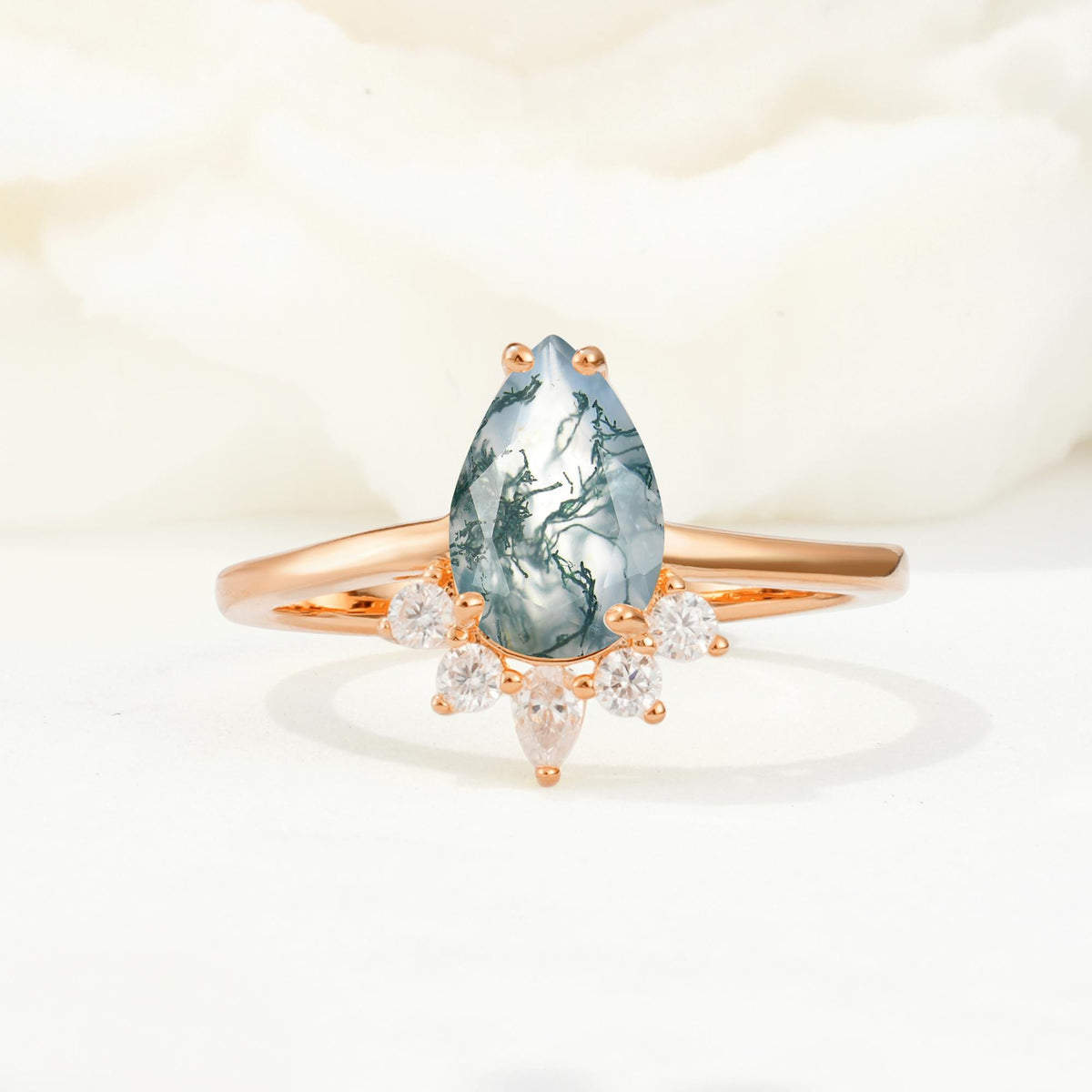 Pear Cut Moss Agate Crown Engagement Ring with Accent Stones - Additional view