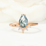 Pear Cut Moss Agate Crown Engagement Ring with Accent Stones - Additional view