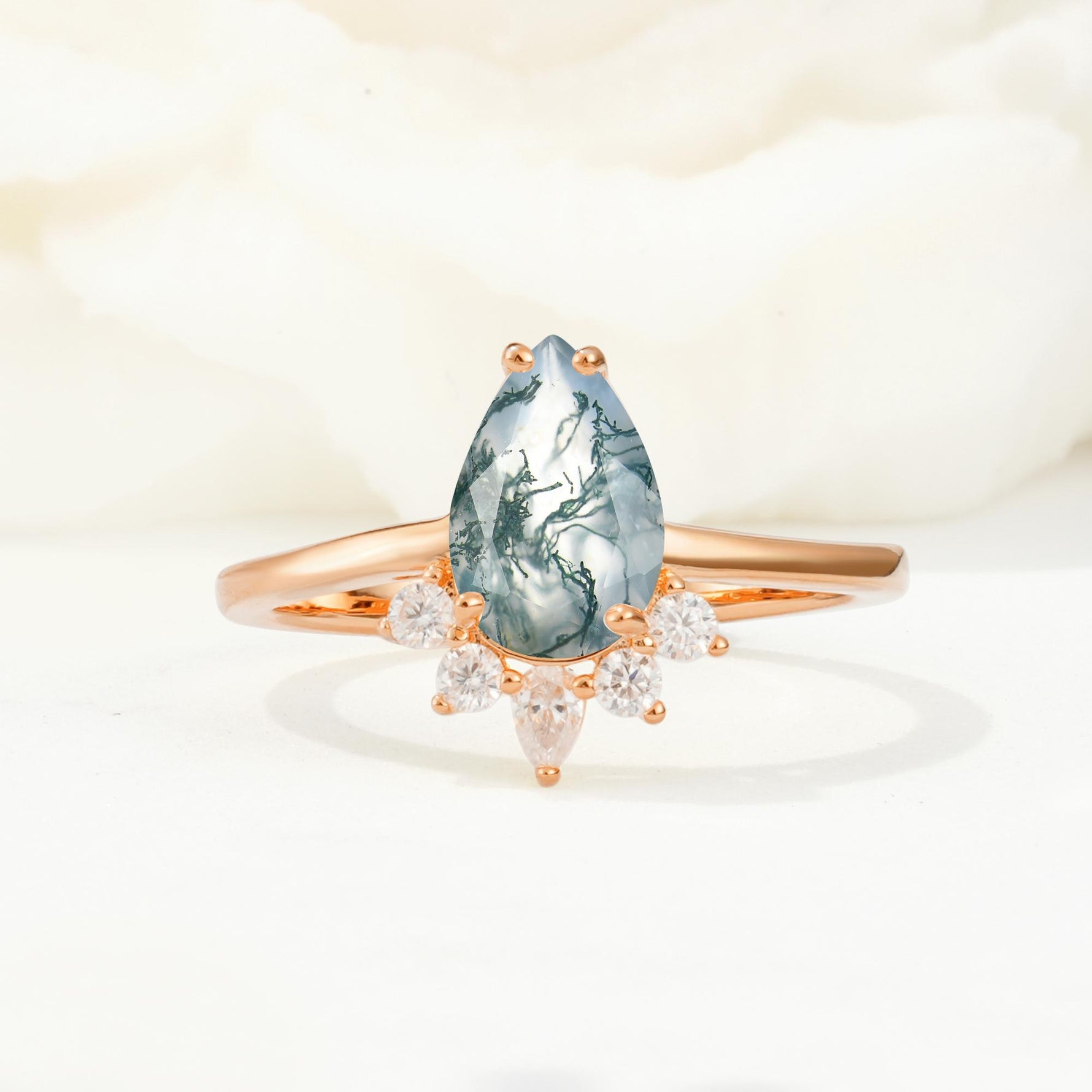 Pear Cut Moss Agate Crown Engagement Ring with Accent Stones - Additional view