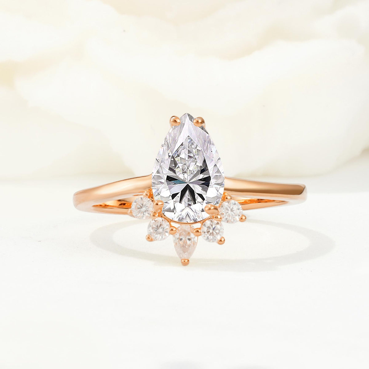 Pear Cut Lab Diamond Crown Engagement Ring with Accent Stones - Additional view