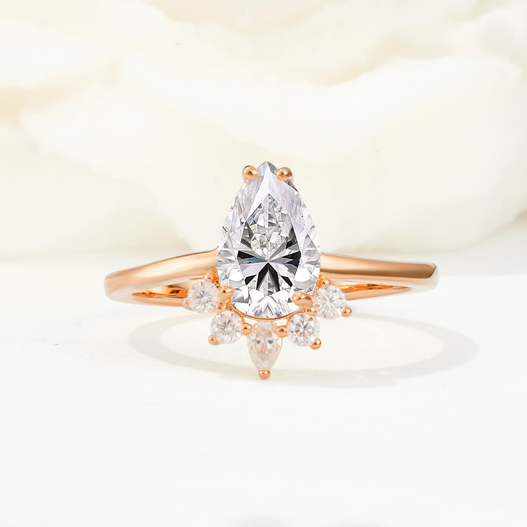 Pear Cut Lab Diamond Crown Engagement Ring with Accent Stones - Additional view