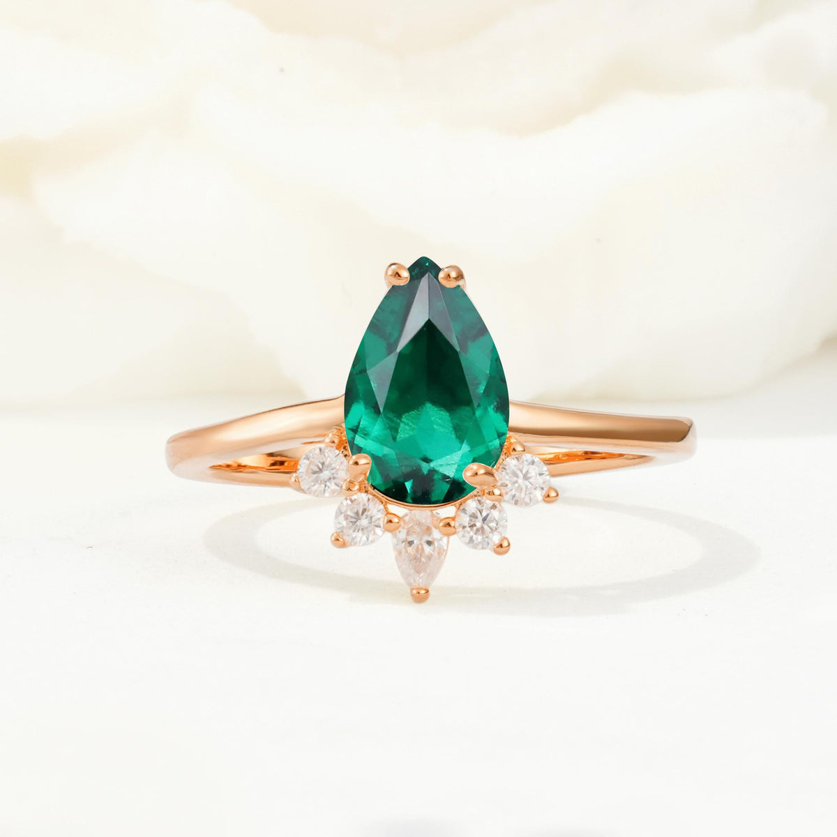 Pear Cut Emerald Crown Engagement Ring with Accent Stones - Additional view