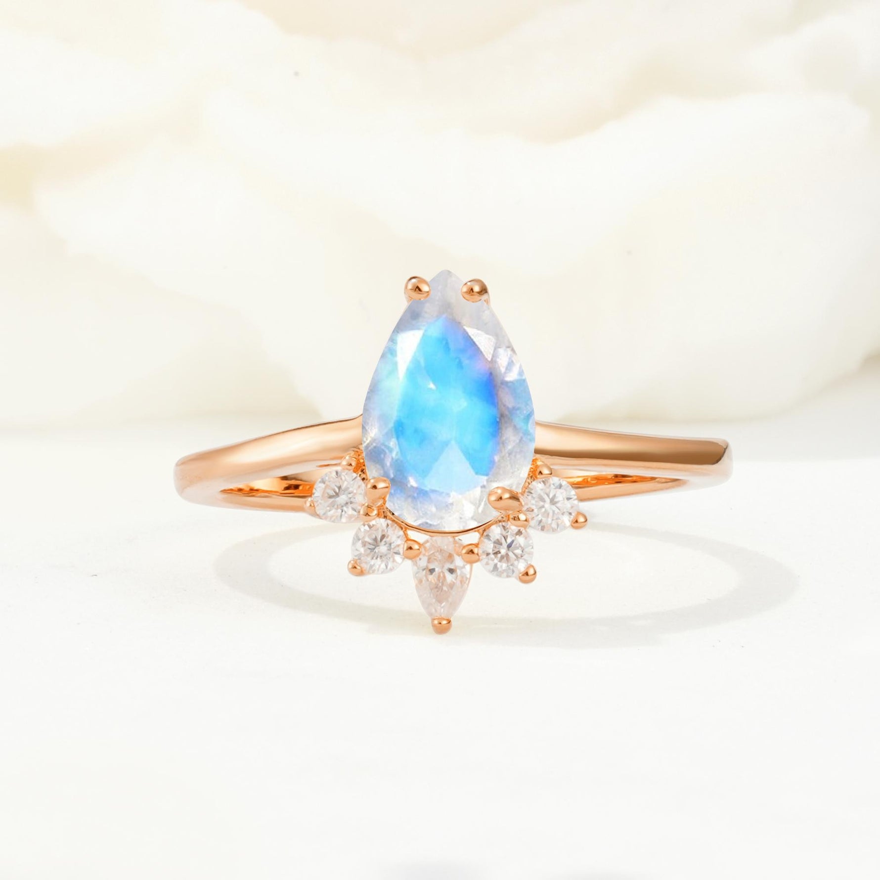 Pear Cut Moonstone Crown Engagement Ring with Accent Stones - Additional view