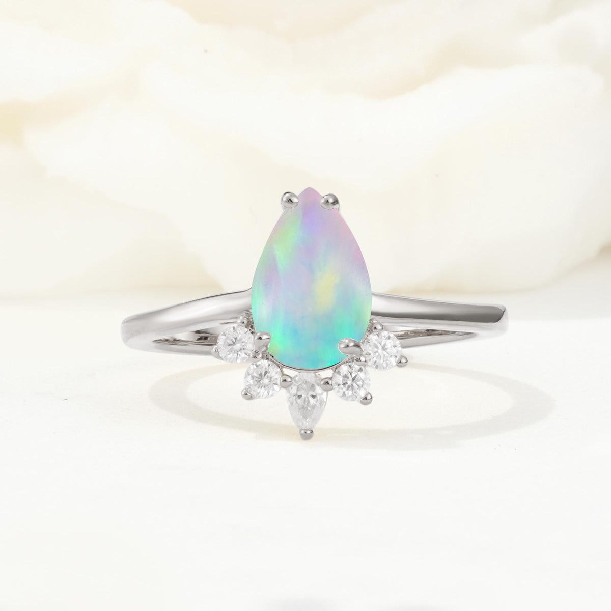 Pear Cut Fire Opal Crown Engagement Ring with Accent Stones - Additional view