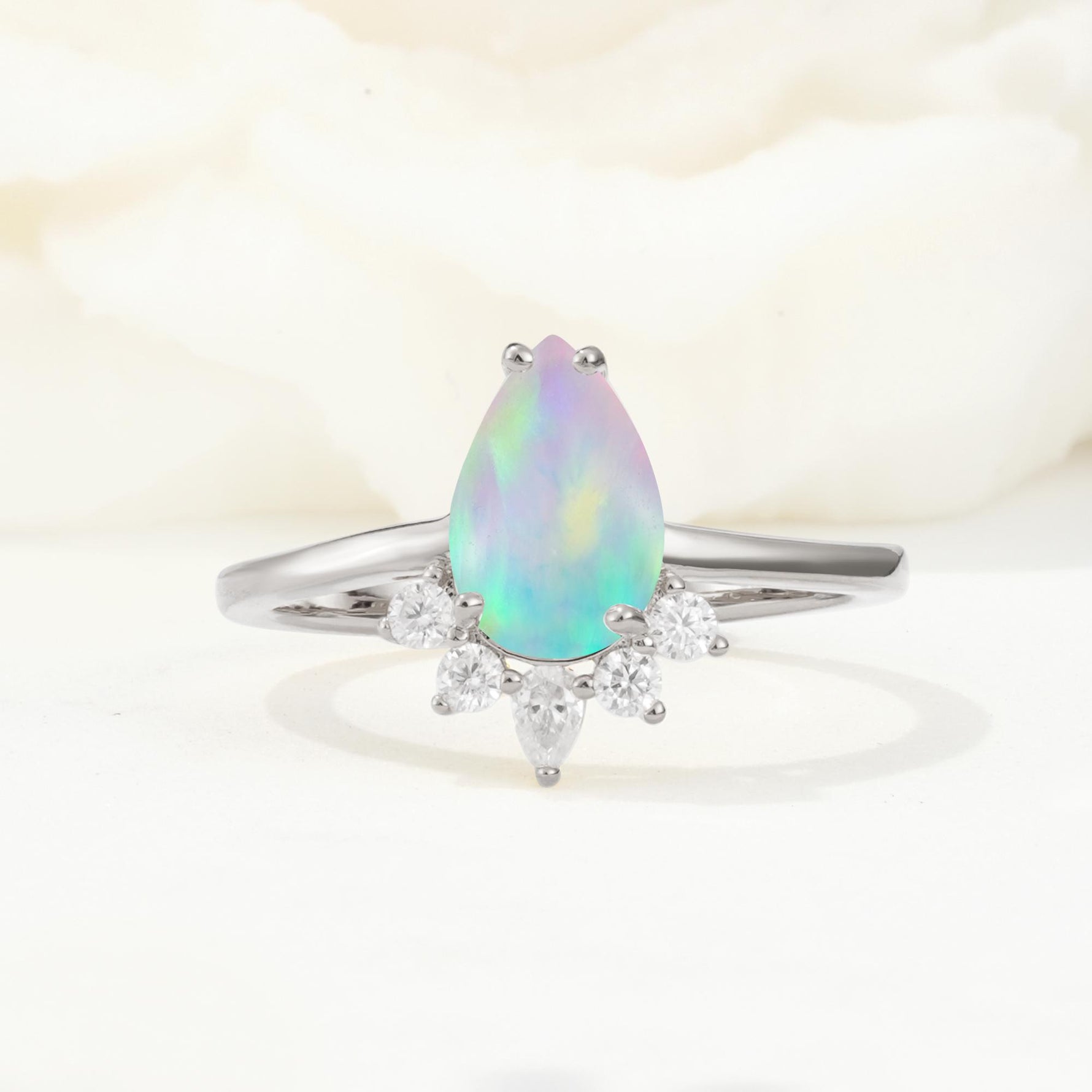 Pear Cut Fire Opal Crown Engagement Ring with Accent Stones - Additional view