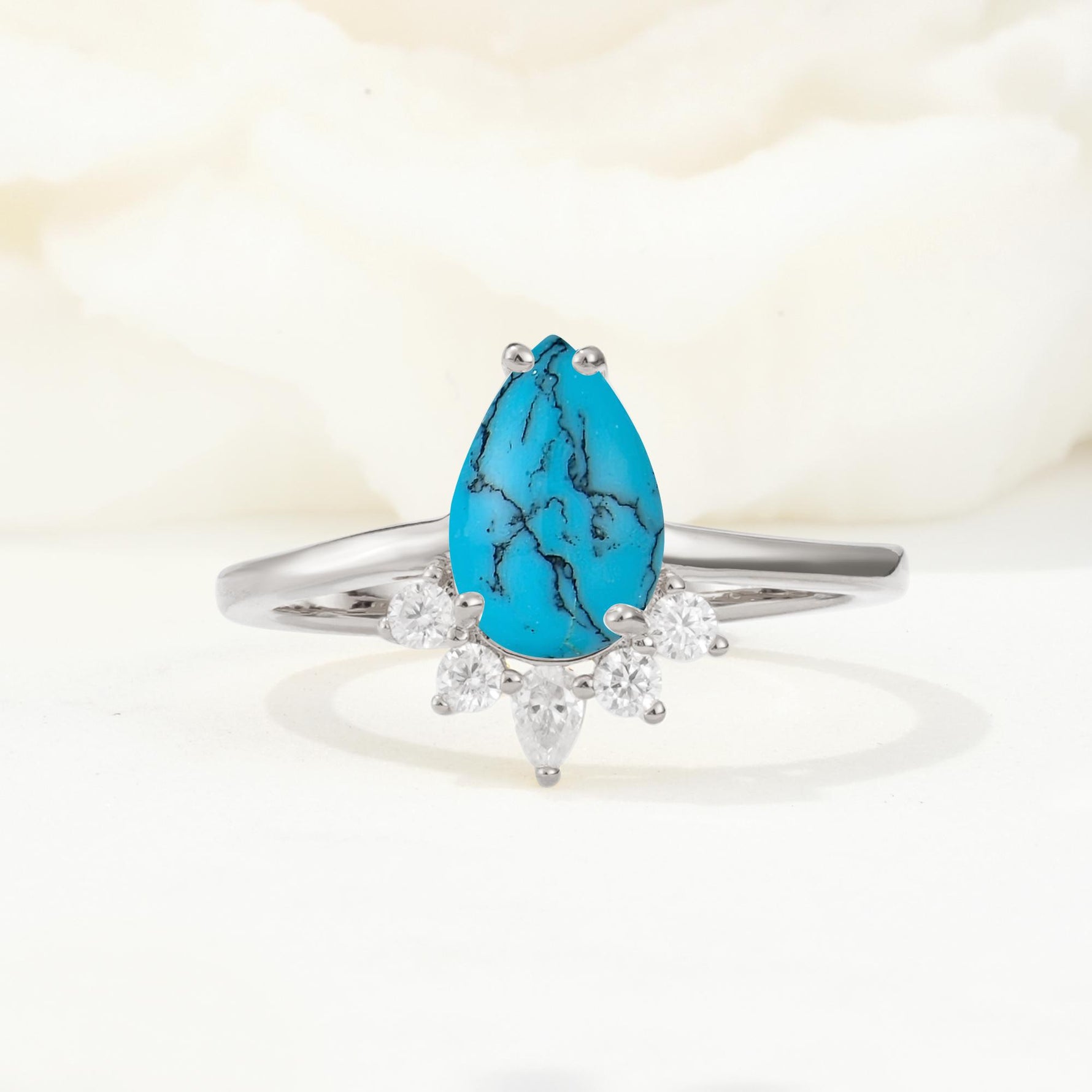 Pear Cut Turquoise Crown Engagement Ring with Accent Stones - Additional view