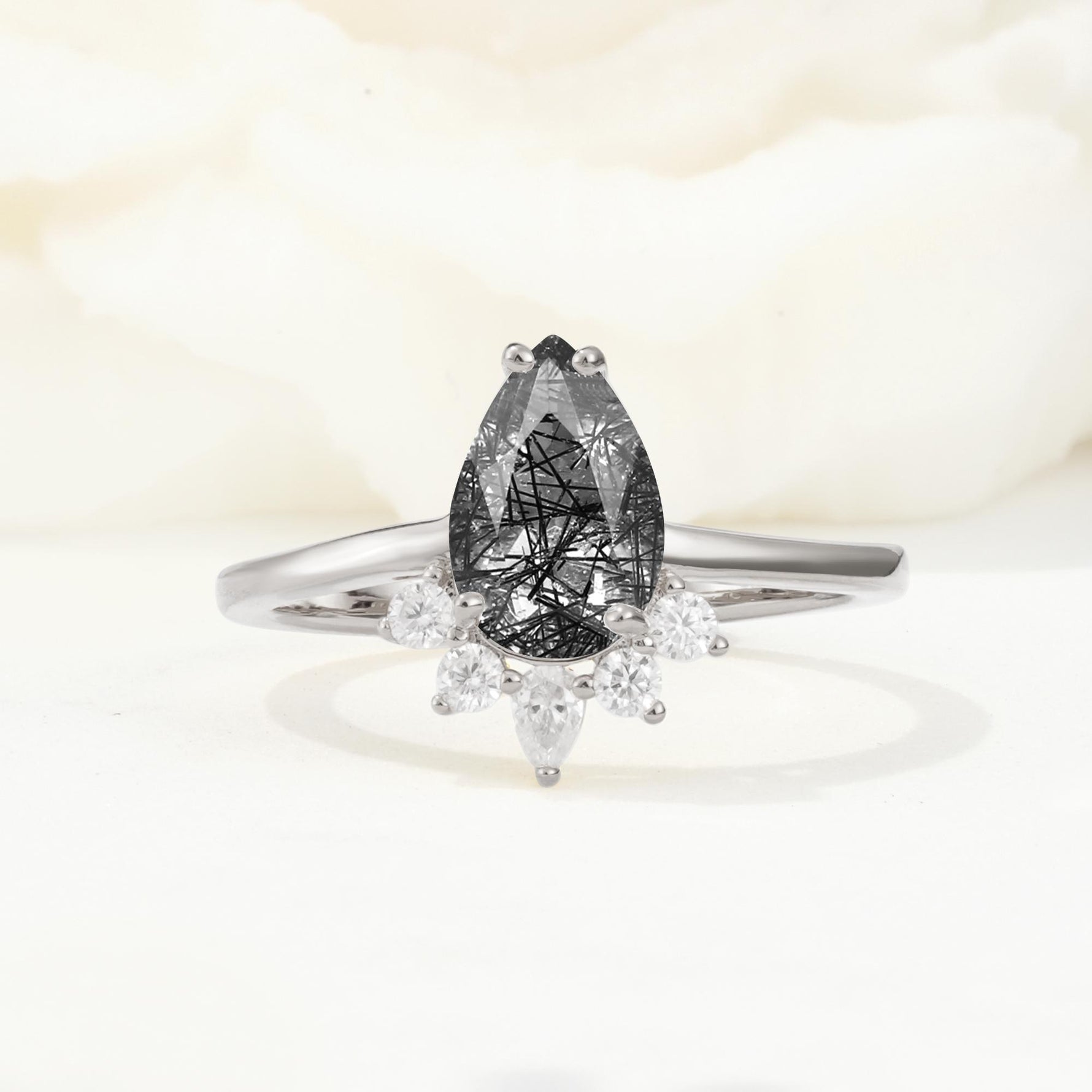 Pear Cut Black Rutilated Quartz Crown Engagement Ring with Accent Stones - Additional view