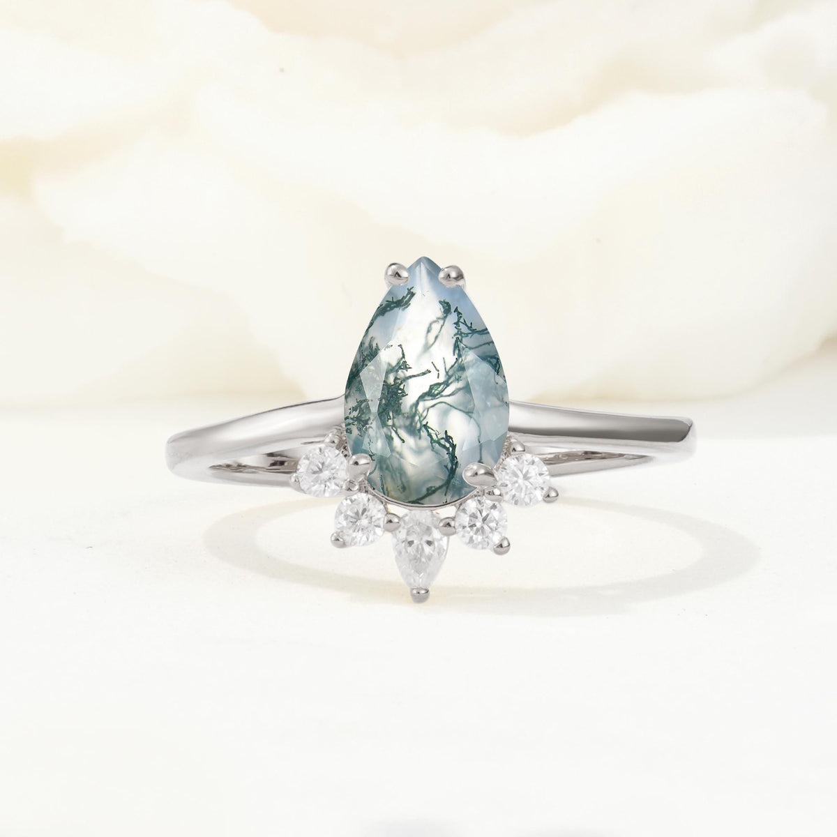 Pear Cut Moss Agate Crown Engagement Ring with Accent Stones - Additional view
