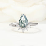 Pear Cut Moss Agate Crown Engagement Ring with Accent Stones - Additional view