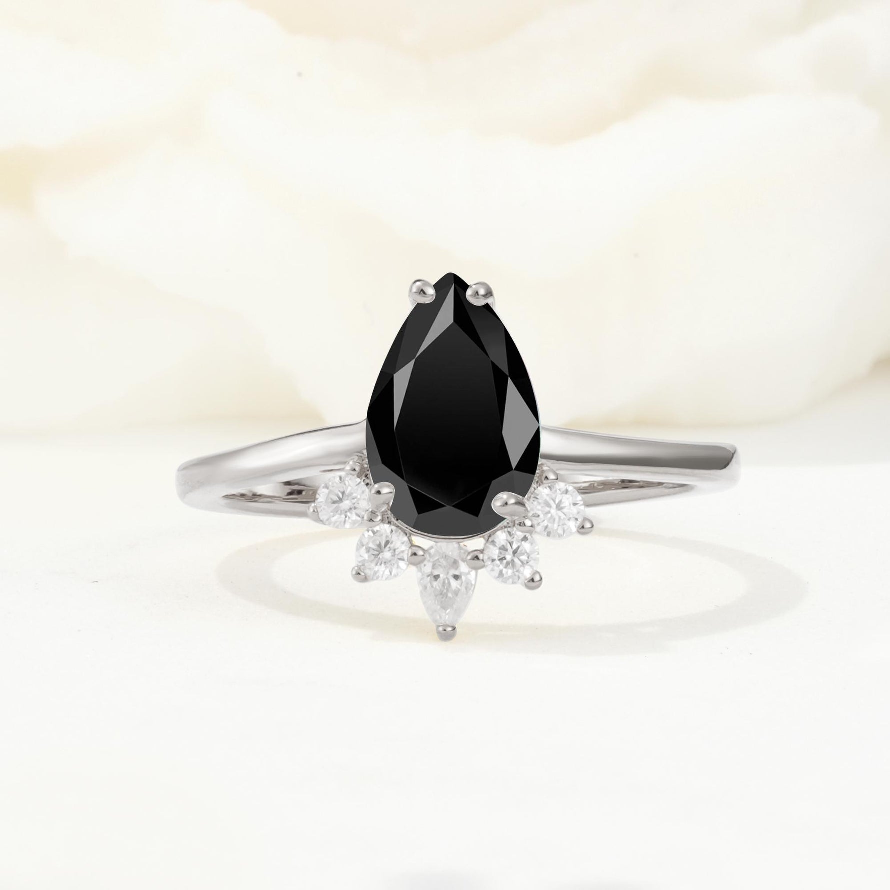 Pear Cut Black Onyx Crown Engagement Ring with Accent Stones - Additional view