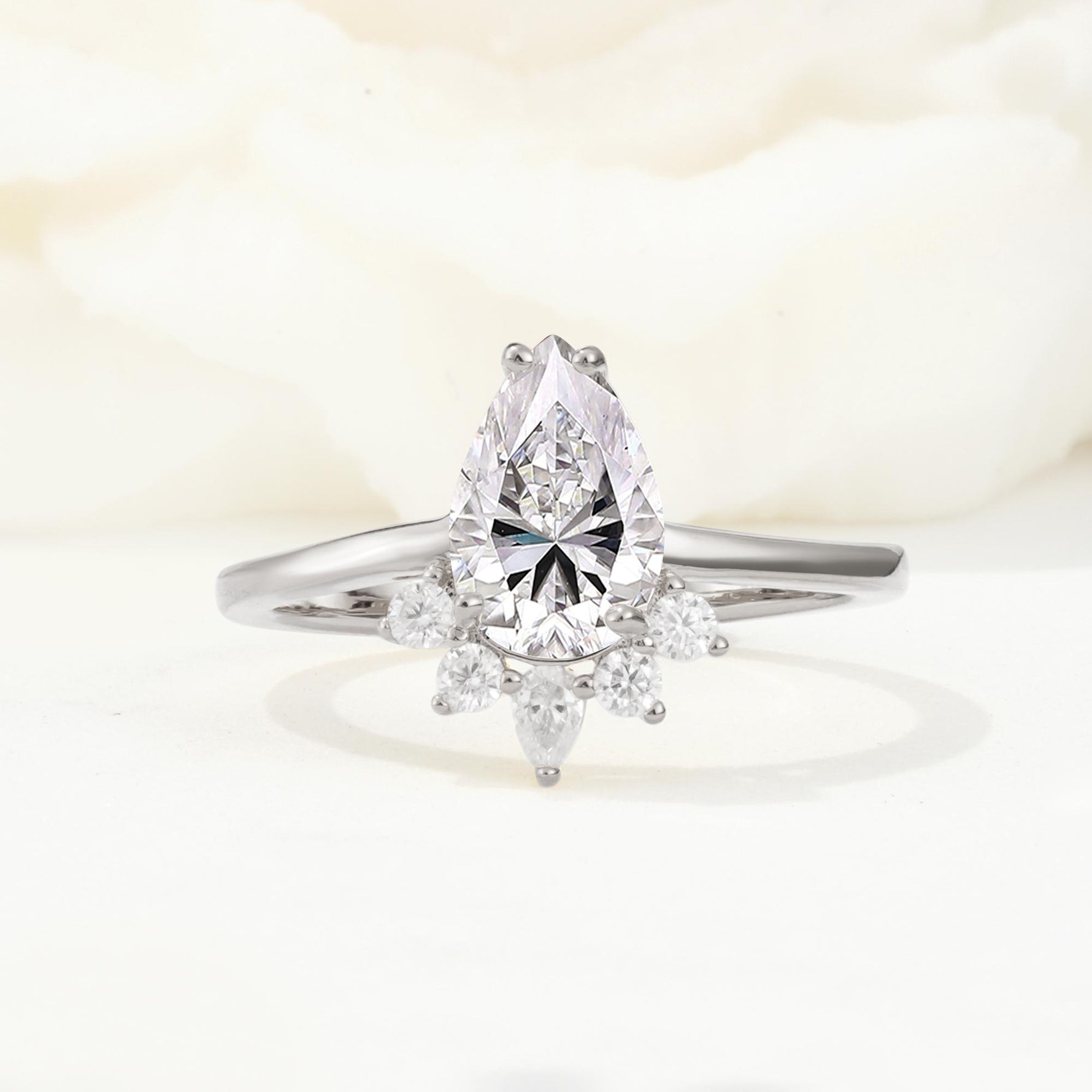 Pear Cut Lab Diamond Crown Engagement Ring with Accent Stones - Additional view
