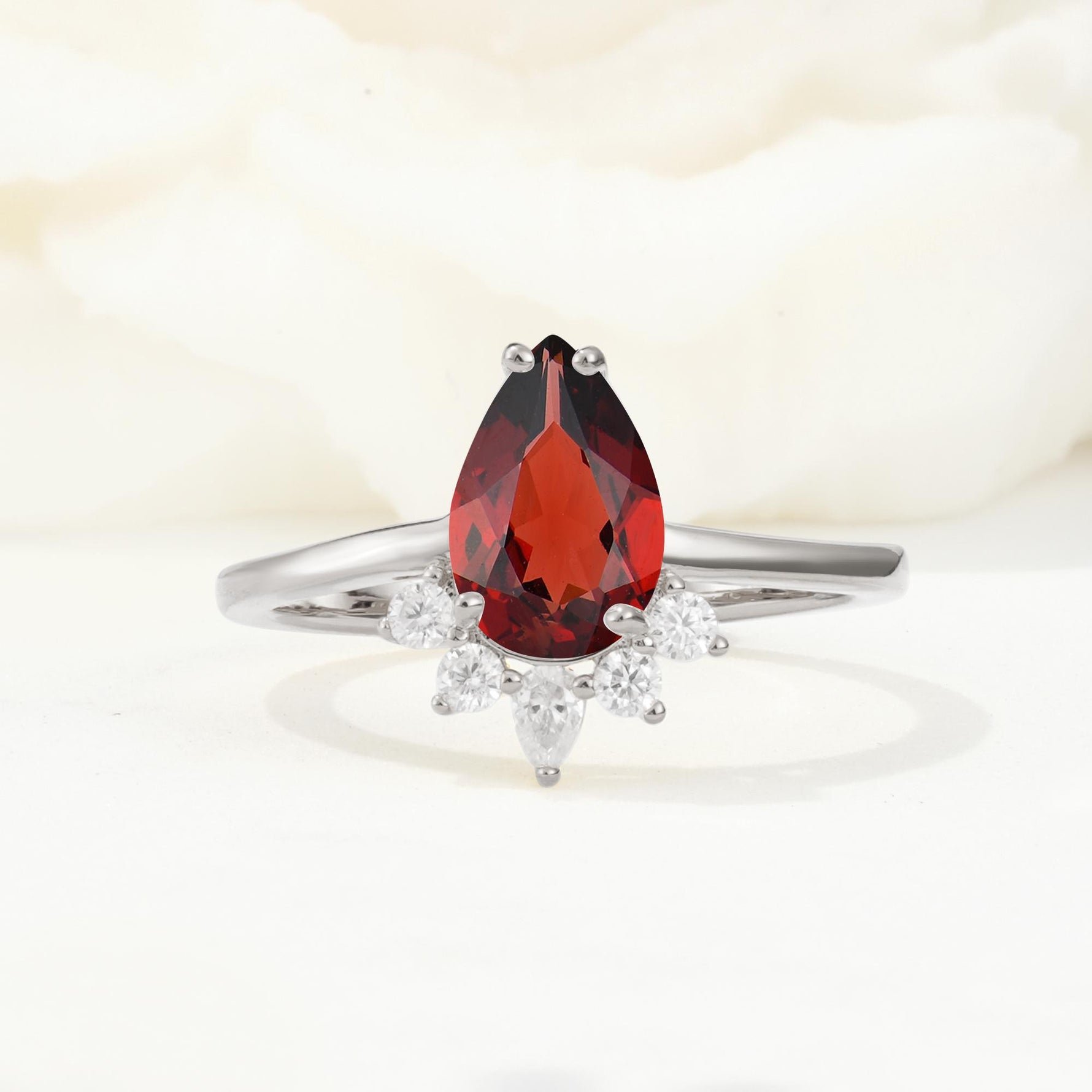 Pear Cut Garnet Crown Engagement Ring with Accent Stones - Additional view