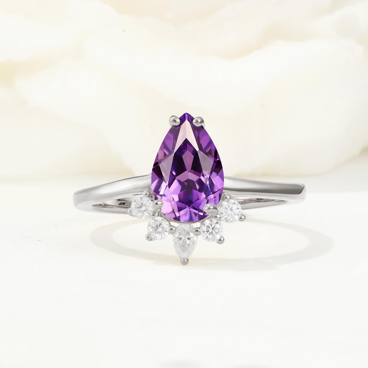 Pear Cut Amethyst Crown Engagement Ring with Accent Stones - Additional view