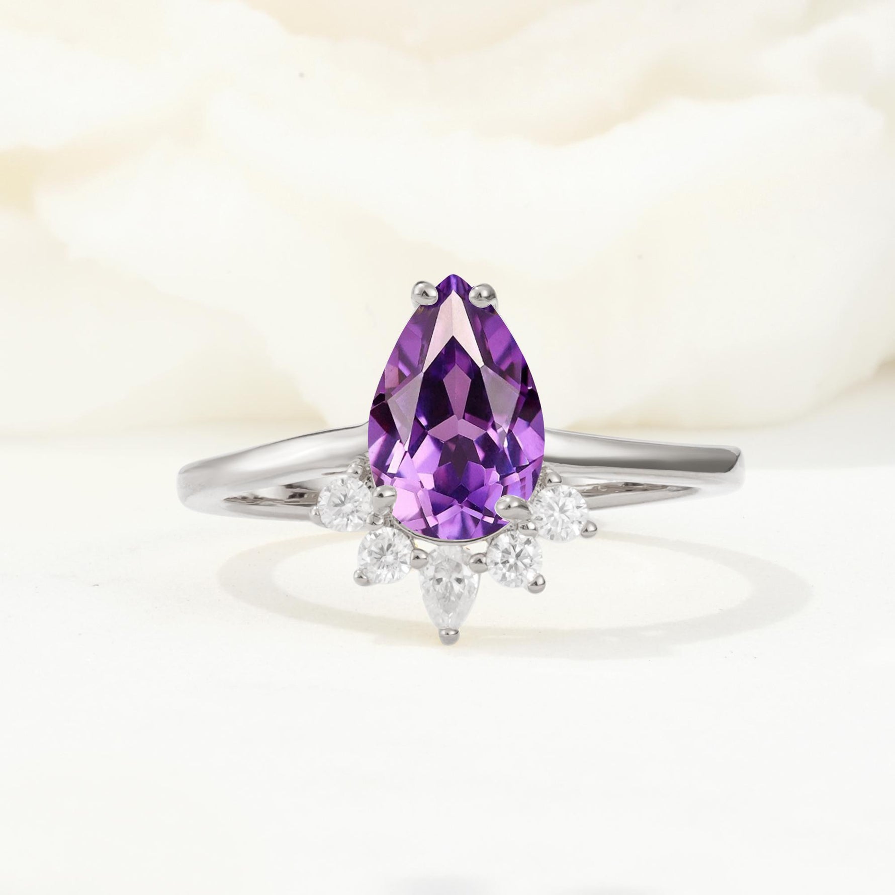 Pear Cut Amethyst Crown Engagement Ring with Accent Stones - Additional view