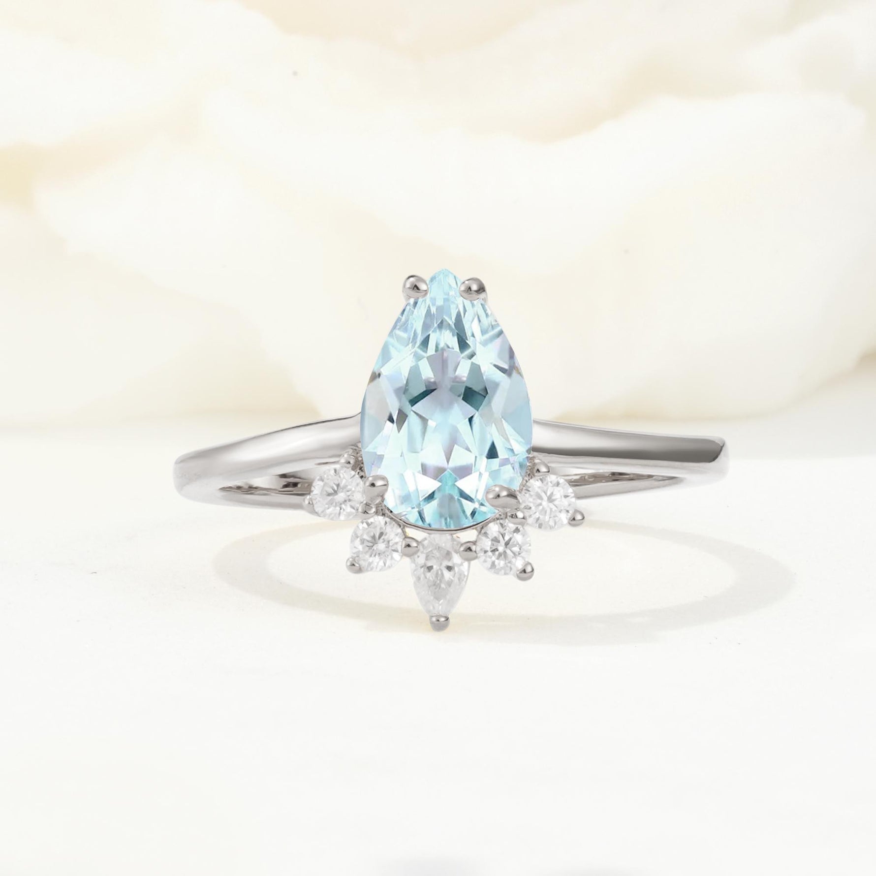 Pear Cut Aquamarine Crown Engagement Ring with Accent Stones - Additional view
