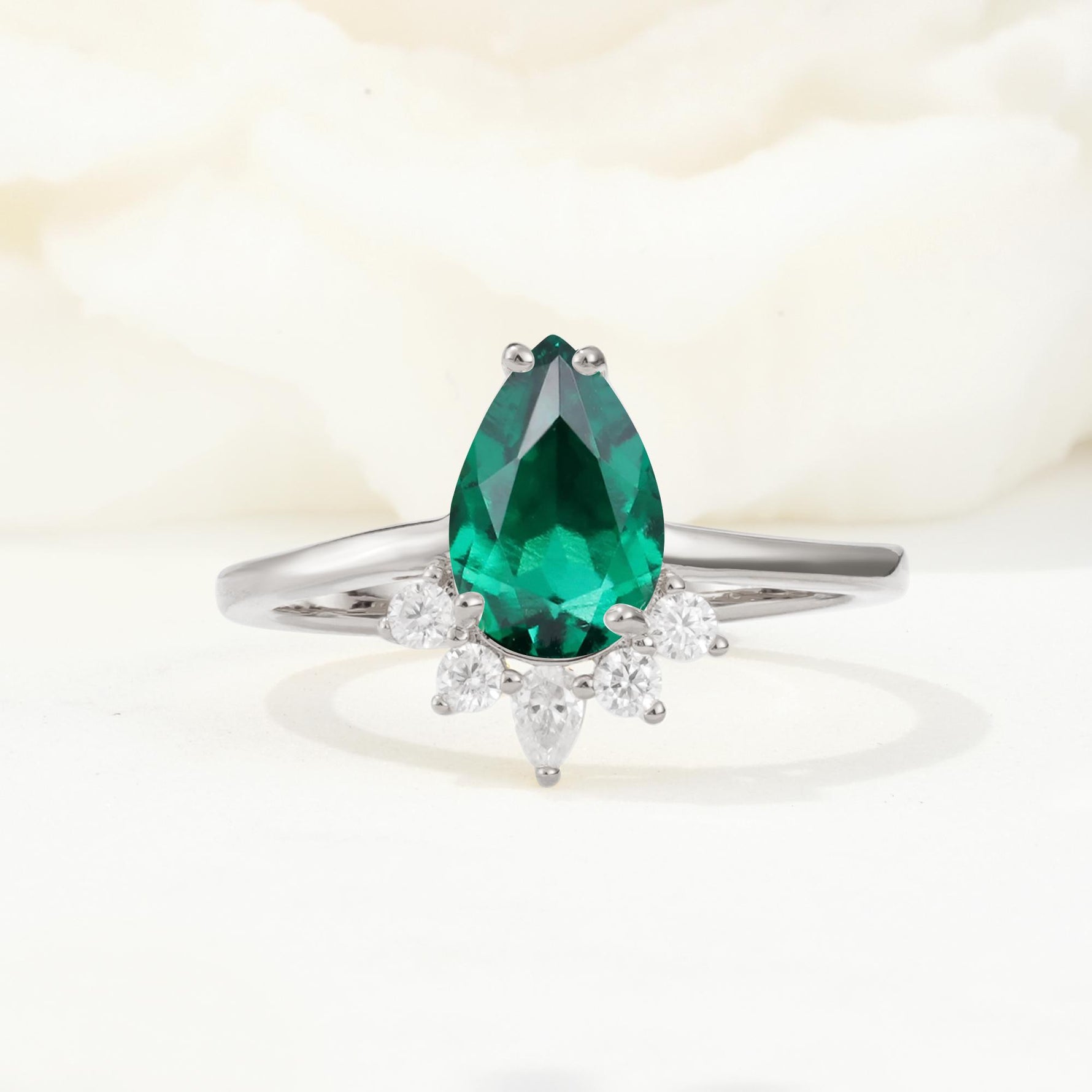 Pear Cut Emerald Crown Engagement Ring with Accent Stones - Additional view
