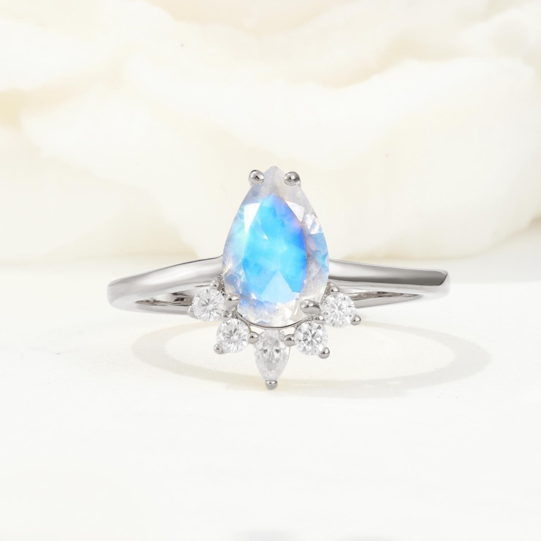 Pear Cut Moonstone Crown Engagement Ring with Accent Stones - Additional view