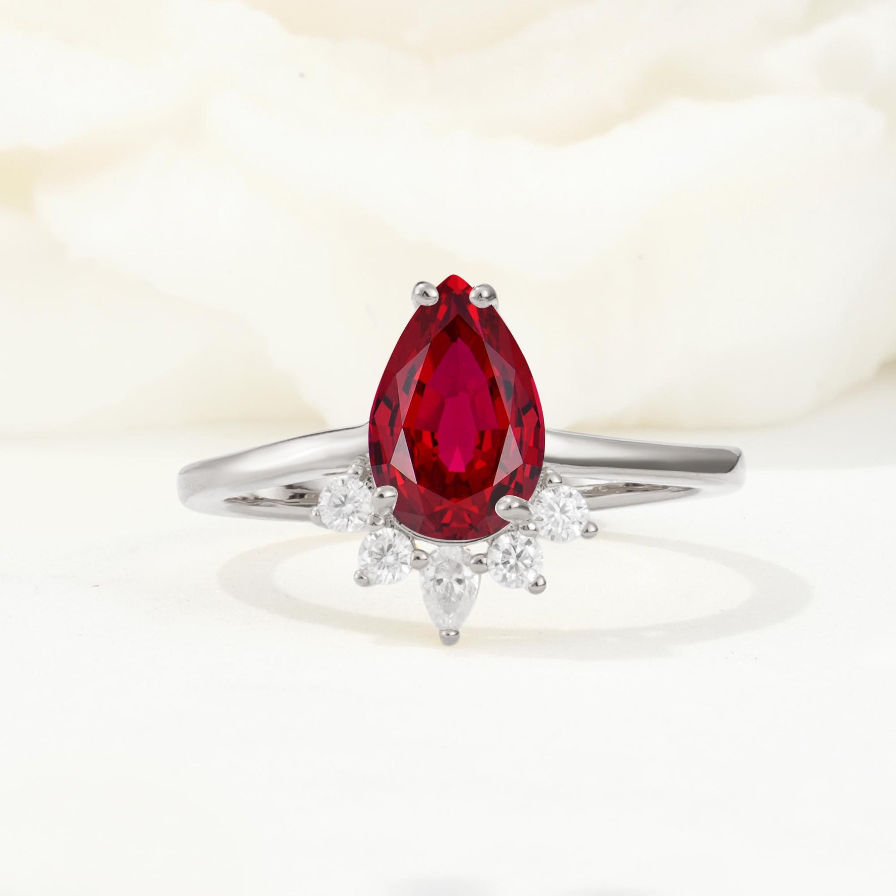 Pear Cut Ruby Crown Engagement Ring with Accent Stones - Additional view