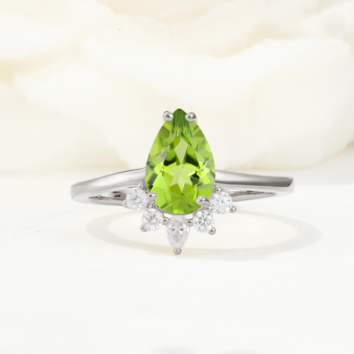 Pear Cut Peridot Crown Engagement Ring with Accent Stones - Additional view