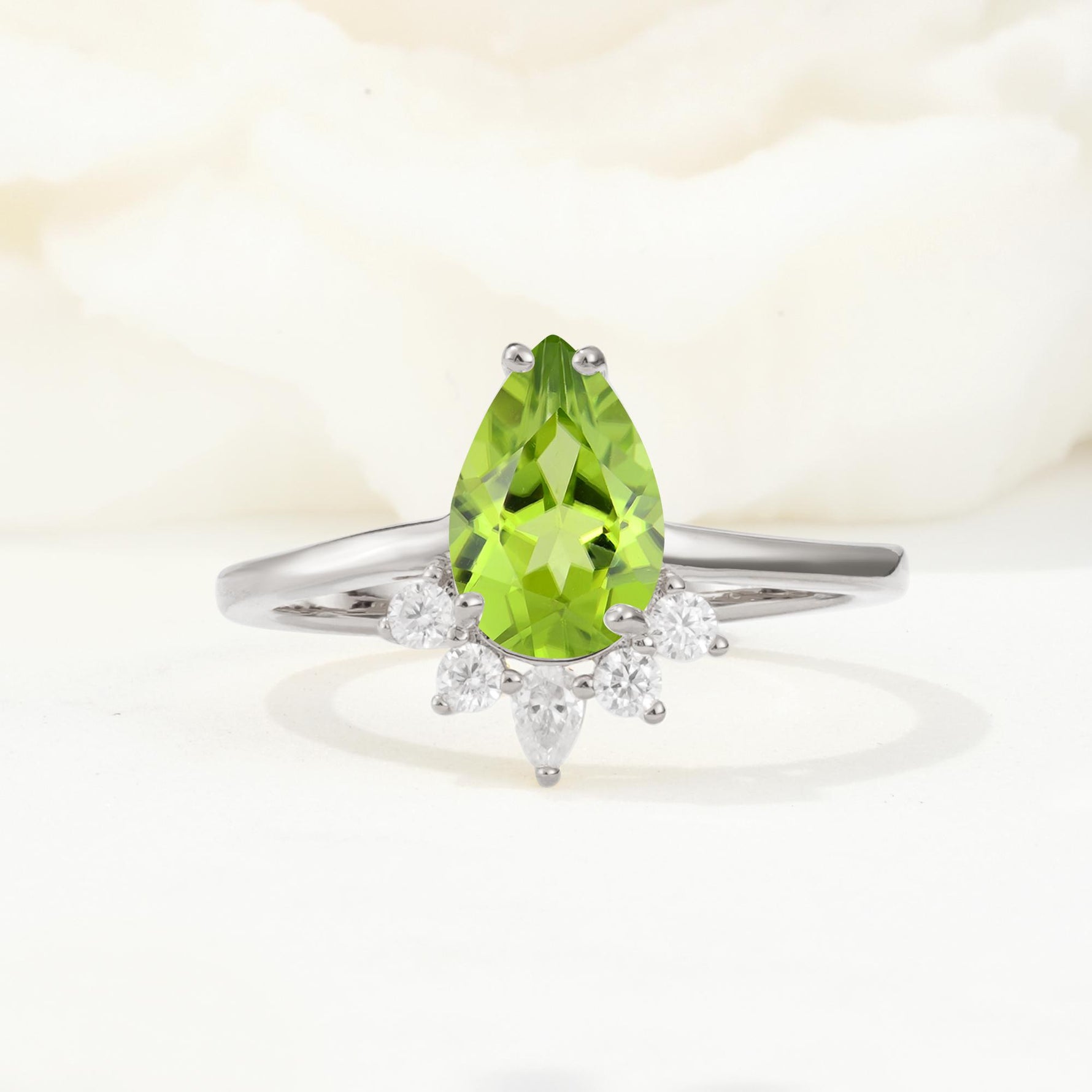 Pear Cut Peridot Crown Engagement Ring with Accent Stones - Additional view