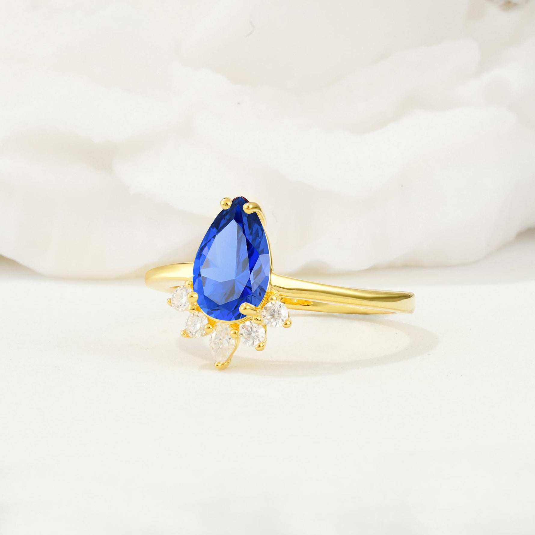 Pear Cut Sapphire Crown Engagement Ring with Accent Stones - Additional view