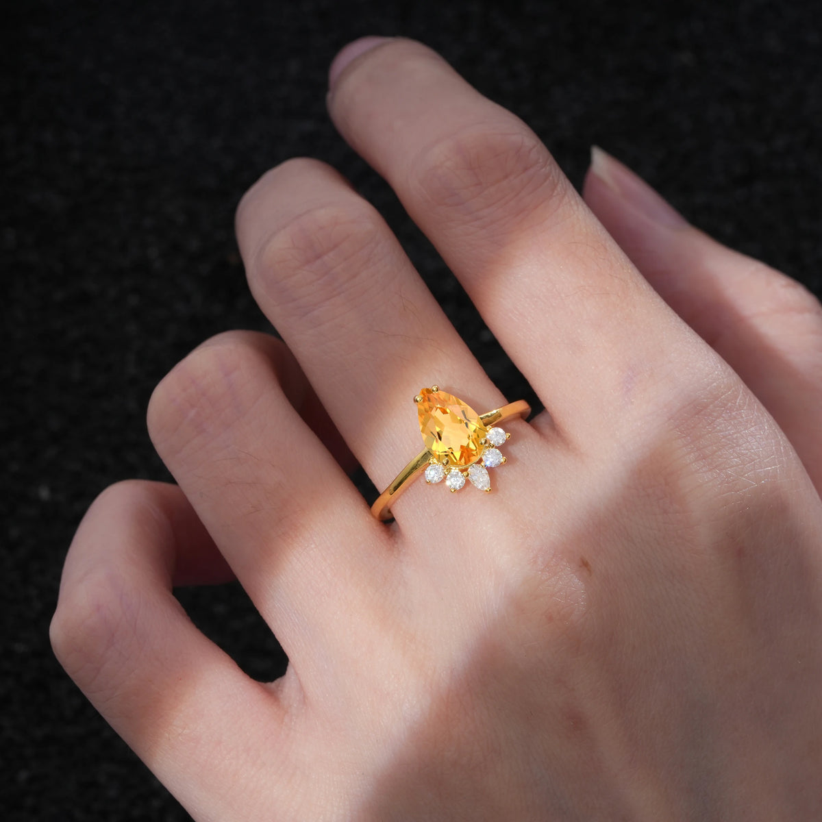 Pear Cut Citrine Crown Engagement Ring with Accent Stones
